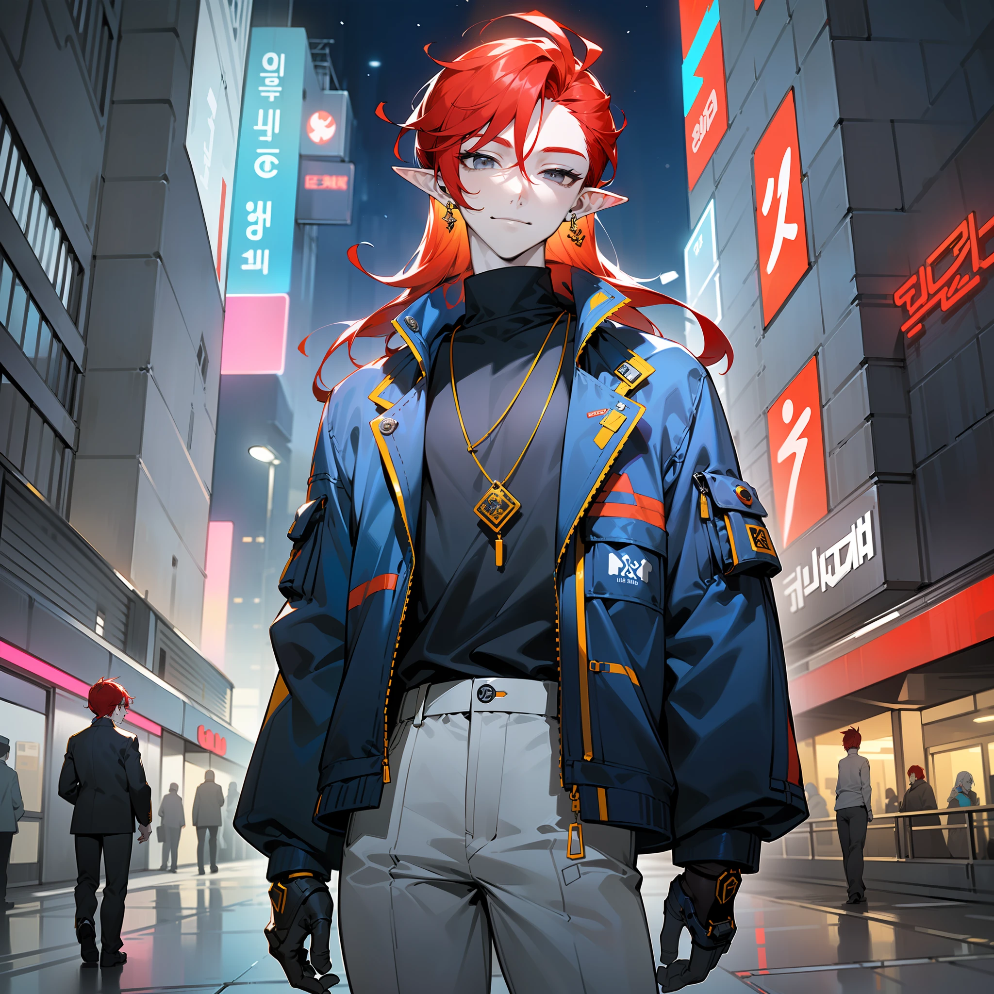 young man, (((male))), man, twink, (((one person))), (((single))), (((solo))), (((1guy))), (((very pale skin))), (pale skin), (((red hair))), ((red colored hair)), (((grey colored eyes))), (long hair), (((slim body))), slim figure, (((flat chest))), ((black colored clothes)), (((indigo colored clothes))), ((dark blue colored clothes)), ((golden jewellery)), ((pointy ears)), (((grey eyes))), male face, smiling, (((kpop style))), (((futuristic style))), (((wearing modern clothes))), (((street fashion))), (((wearing a kpop outfit))), (futuristic street wear), ((wearing futuristic kpop style clothes)), ((detailed outfit)), futuristic city in the background, ((futuristic accessories)), a few neon lights in the background, ((nightime)), (dark sky)