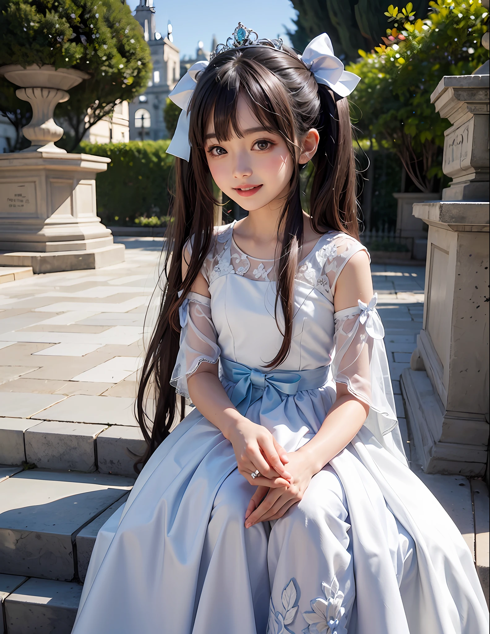 Marble garden,1little girl,lily,twintails,brunette color hair,By bangs,Long white embroidered dress,Blue bow,9-year-old female model,Princess,crown,Smile,