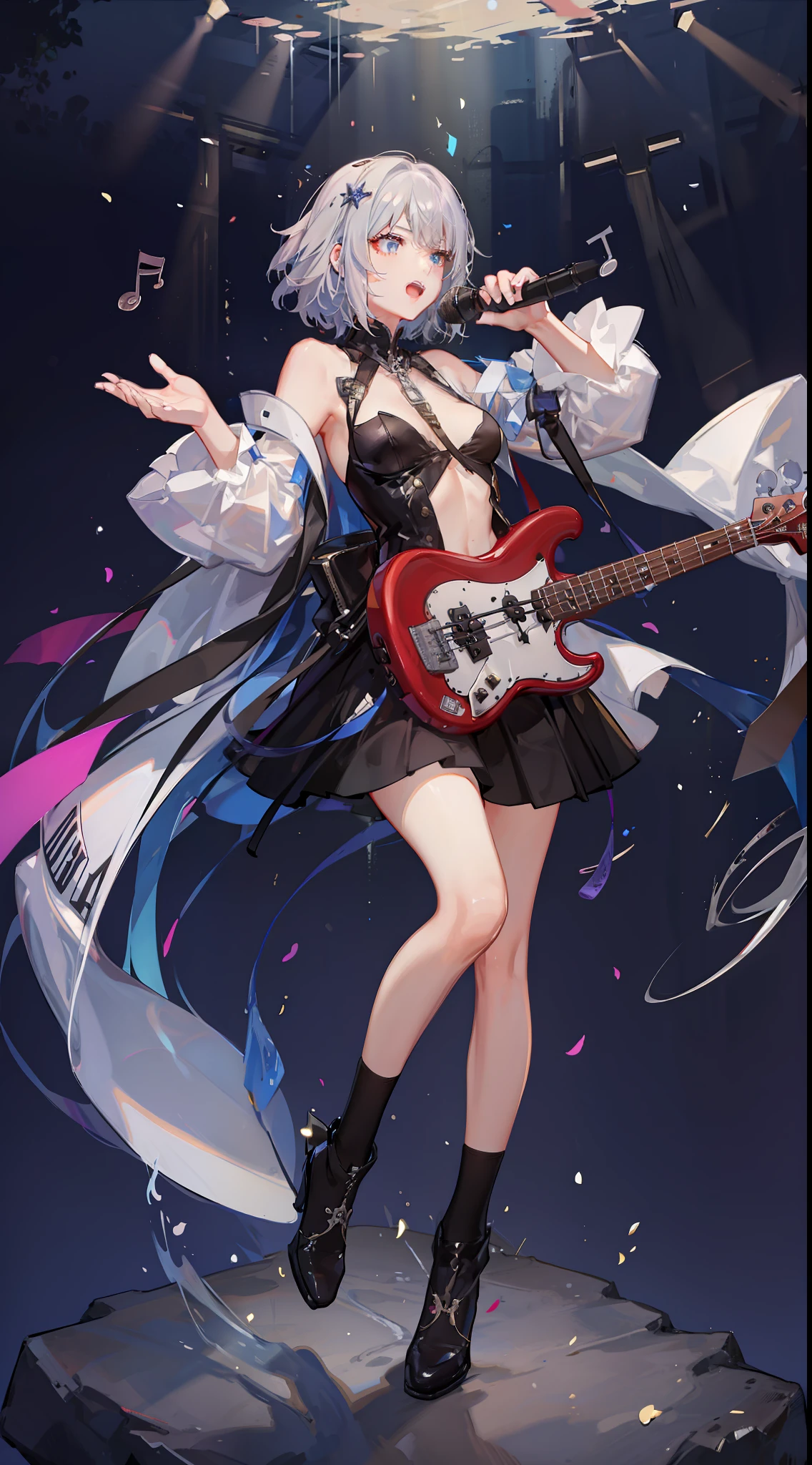 Girl in a dream。Holding a microphone and singing。I have short silver hair。Wearing red clothes。It's a rock band。I'm playing bass。Music notes are flying around