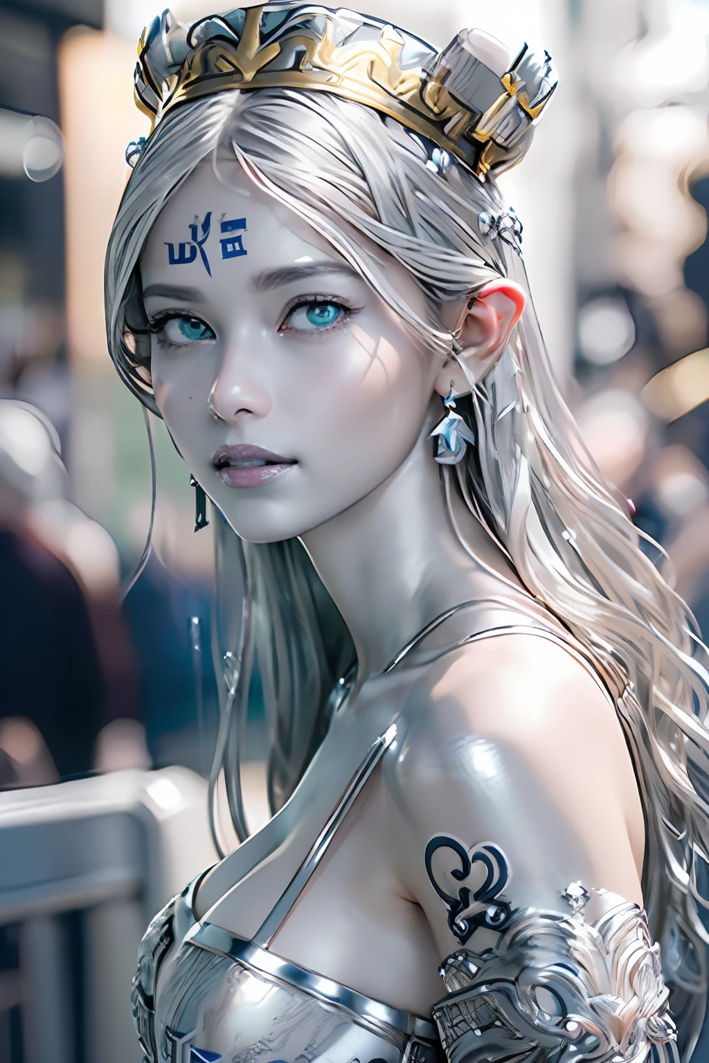 Ultra-detailed complex 3D rendering of the face, (masterpiece, top quality, octane rendering,), glamour shots full body image, very beautiful young elves, cleavage, (highly detailed skin: 1.2), (exposure: 1.1), ((blue micro bikini: 1.95)))). , 8k, (((very soft breasts)), (((conspicuous large pink areola)), beautiful Caucasian woman with white skin with full soft breasts with big buttocks, one, long braided hair, big breasts, dynamic angles, (((huge breasts: 2.4)), ultra-realistic photos, ((((((silver hair)))), futuristic urban background, facial muscles, (((((detailed and glamorous silver crown)))), In the style of Marvel Comics, ArtStation Trends, Clear Focus, Intricate Details, Very Detailed, Detailed Green Eyes, Sharp Focus, Digital Rendering, Professional, Abs, Lip Gloss, Glossy Skin, Sexy Pose, Golden Tattoo All Over Body, Silver Pattern All Over Body, Silver Lame Skin, Gold Glitter Skin, Mansuji, Buttocks, Jeweled All Over the Body, with silver scales, silver hair,