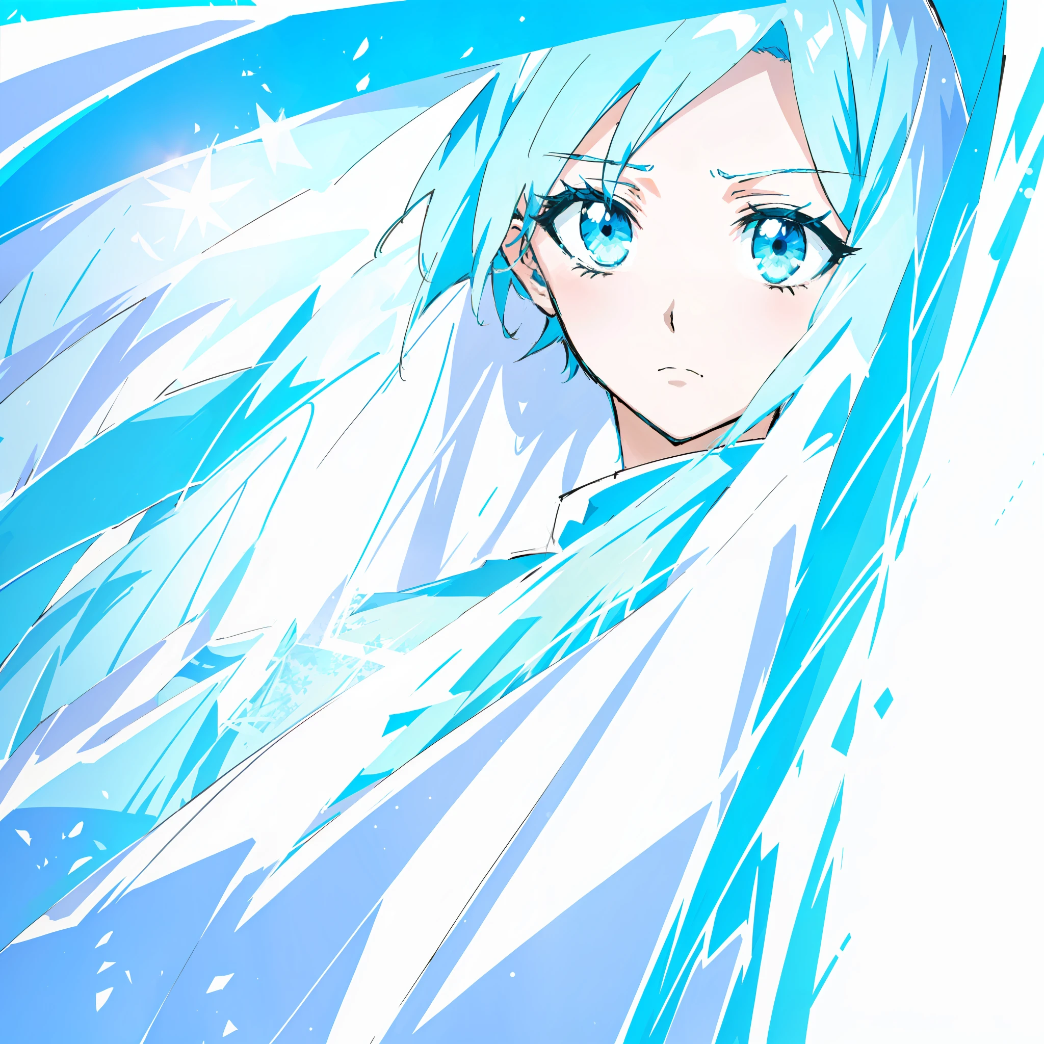 Anime - style image of a woman with blue hair and white shirt, 2 d anime style, 2d anime, Rem Rezero, pale blue color eyes, neferpitou, pastel blue eyes, pale blue color eyes!, sad cerulean eyes, light blue  eyes, Light blue eyes, Rei Ayanami, Anime girl with teal hair, Sky blue eyes