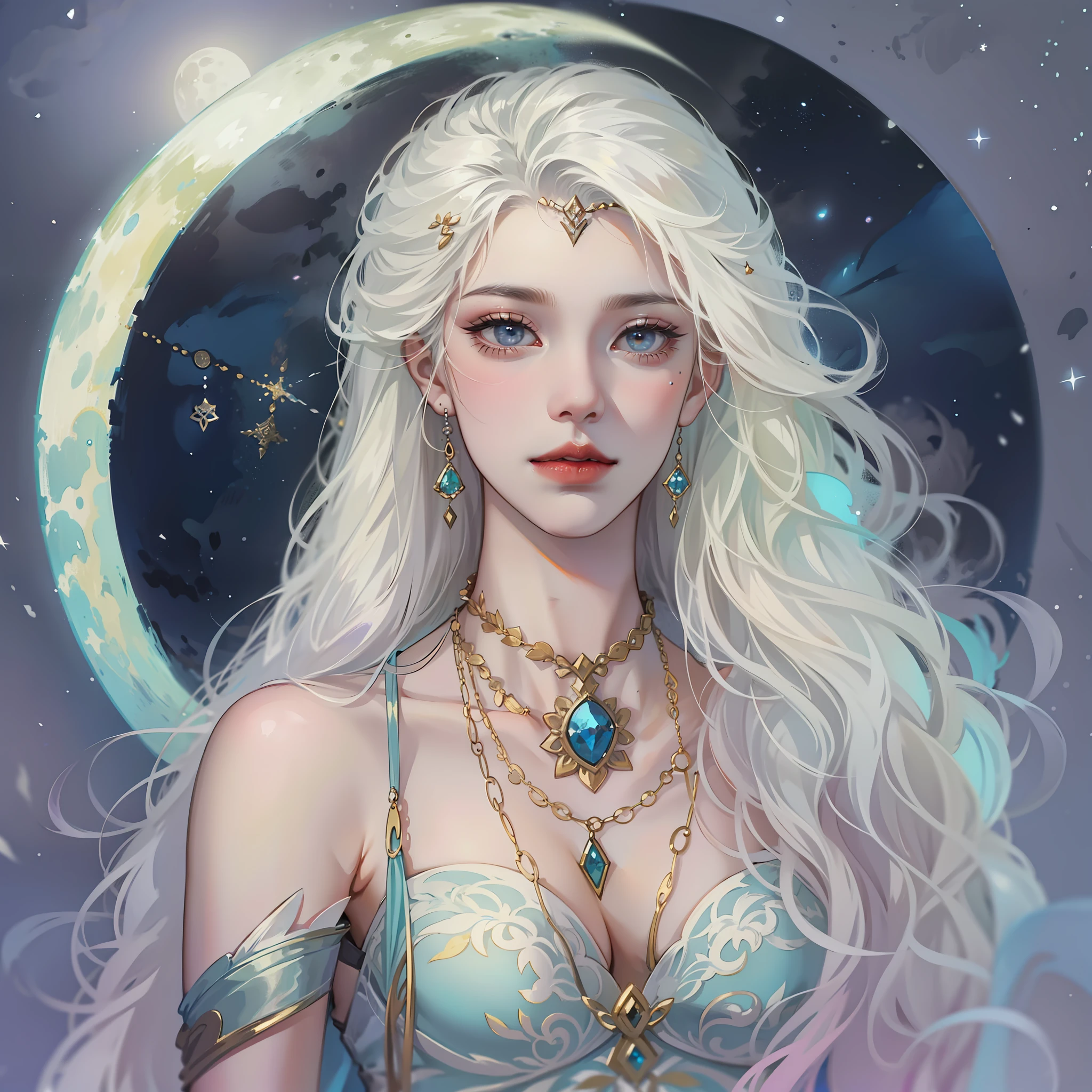 a close up of a woman holding her pendant (white long hair), inspired by Nene Thomas, in the art style of Bowater, inspired by Kieran Yanner, also known as Artemis the selene, inspired in kris from delta rune, ((a beautiful fantasy empress)), moon goddess, digital fantasy portrait, portrait of a norse moon goddess, lunar goddess, crescent moon on the background (with stars)