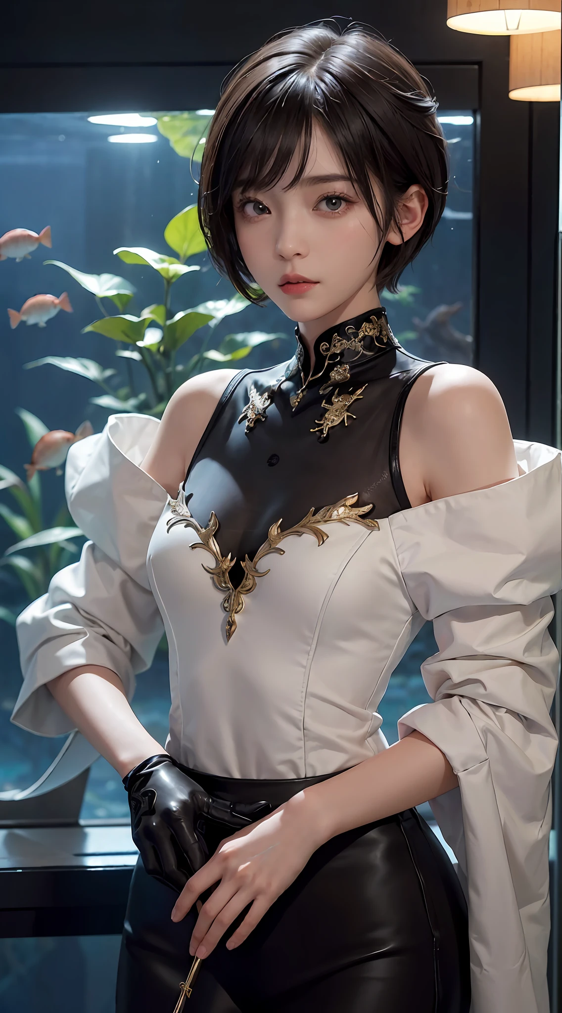 (((a 20 yo woman)))、((aquariums))、​masterpiece, 1 beautiful girls, (((very_Short_hair))), Eye details, Swollen eyes, Top image quality, 超A high resolution, (Realistis: 1.4), OriginalPhotographs, 1girl in, Cinematographic lighting, japanes, very beautif, Beautiful skins, (A hyper-realistic), (hight resolution), (8 K), (ighly detailed), (The best illustrations), (beautifully detailed eyes), (ultra-detailliert), A detailed face, look at a camera, Facing straight ahead, Neat Clothing, shorth hair、A dark-haired、46-point diagonal bangs、((aquariums))