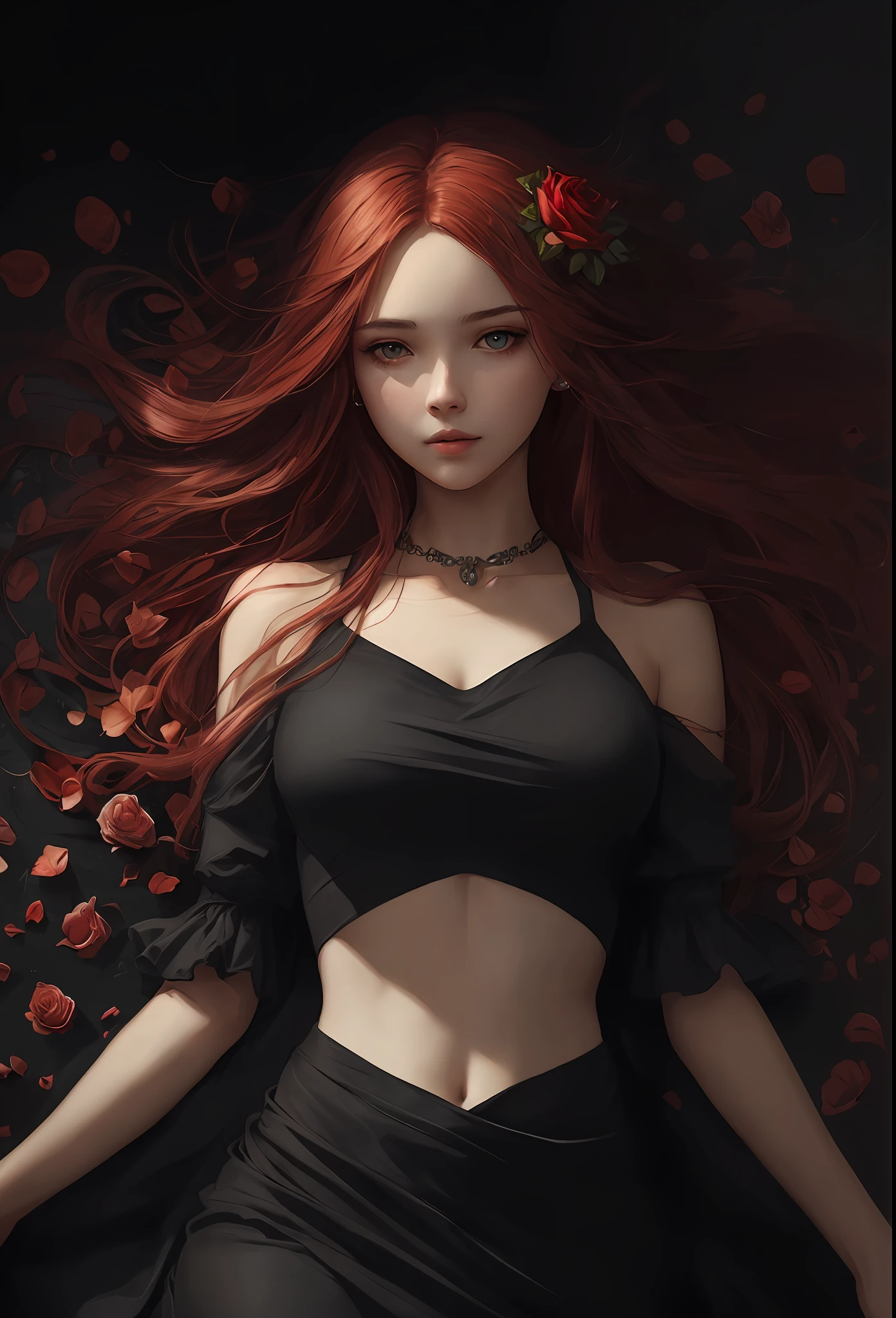 A woman with red hair and a black dress is posing in front of a rose ...