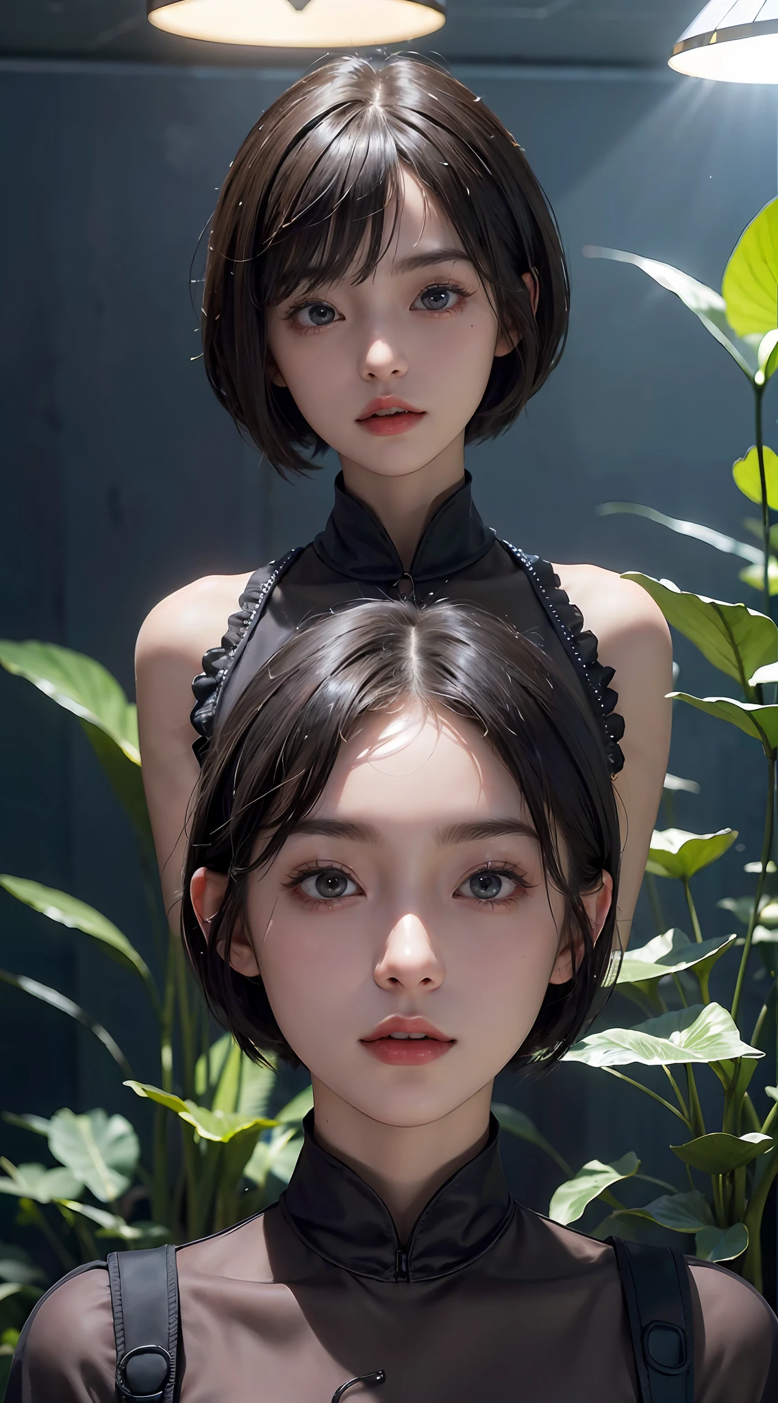 (((a 20 yo woman)))、((aquariums))、masterpiece, 1 beautiful girls, (((very_Short_hair))), Eye details, Swollen eyes, Top image quality, 超A high resolution, (Realistis: 1.4), OriginalPhotographs, 1girl in, Cinematographic lighting, japanes, very beautif, Beautiful skins, (A hyper-realistic), (hight resolution), (8 K), (ighly detailed), (The best illustrations), (beautifully detailed eyes), (ultra-detailliert), A detailed face, look at a camera, Facing straight ahead, Neat Clothing, shorth hair、A dark-haired、46-point diagonal bangs、((aquariums))