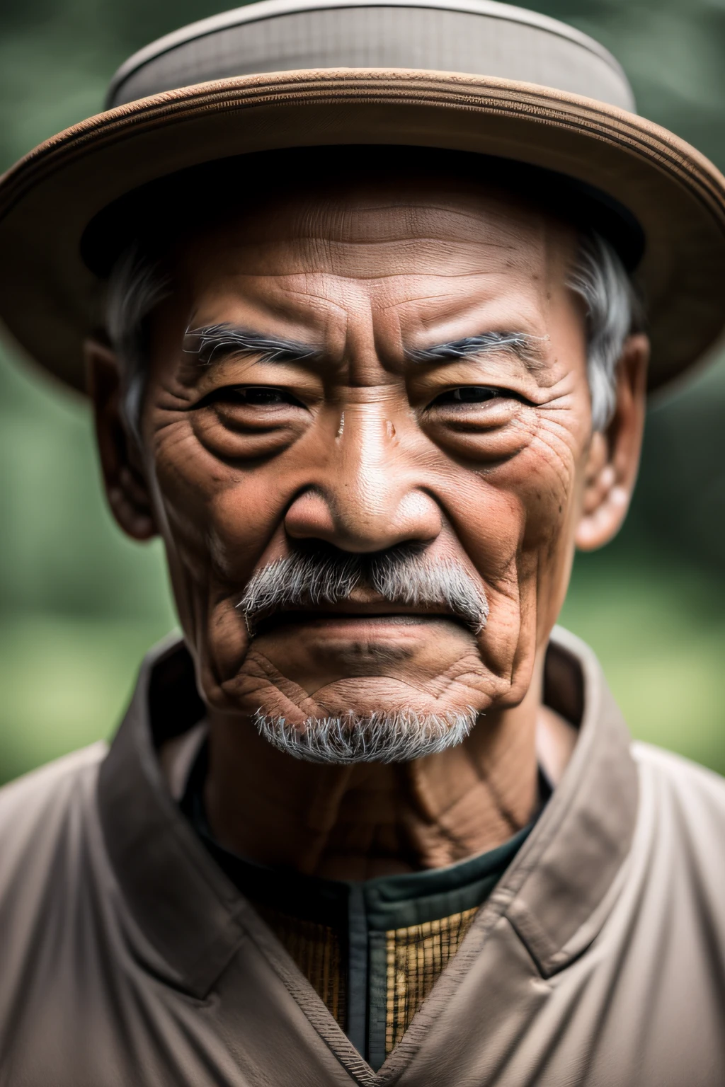 Foto RAW, a close-up portrait photo of an elderly Chinese man, Sanxingdui, bronze, pano tradicional, without a hat, cabelos e bigode longos, (pele detalhada alta: 1.2), 8k UHD, DSLR, soft-lighting, alta qualidade, grain of film, Fujifilm XT3, luz suave,