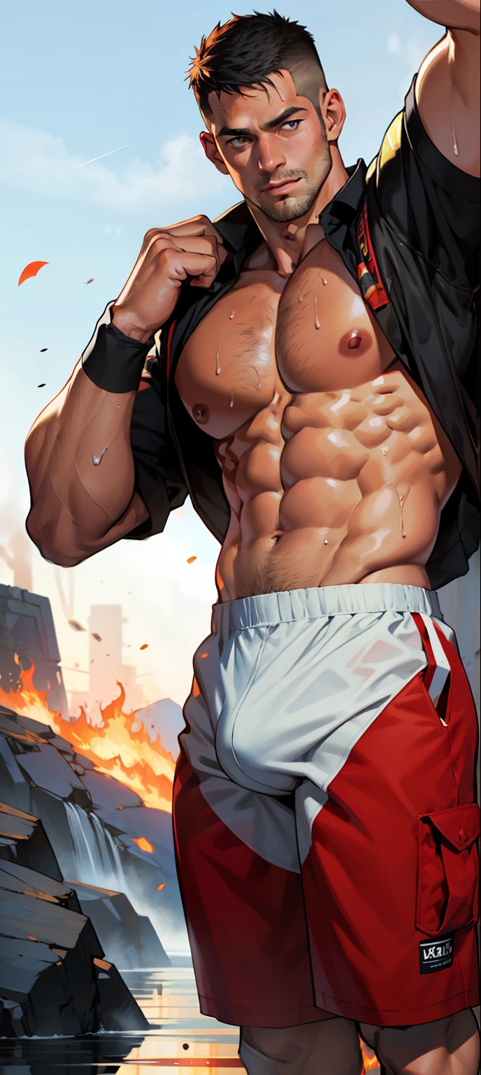 masterpiece, best quality, face, natural eyes, 1man, european, big feet, black socks, large bulge, long legs, looking at viewer, 30 years old, muscled and mature, short haircut, a fire fighter, a firefighter in uniform, fire fighter uniform, a firrfighter holding a fire nozzles, fire nozzles, water, revelling chest and abs, fire, open chest, naked, flush, organism, face covered with white fluids, sweating, tight cloth, erecting,