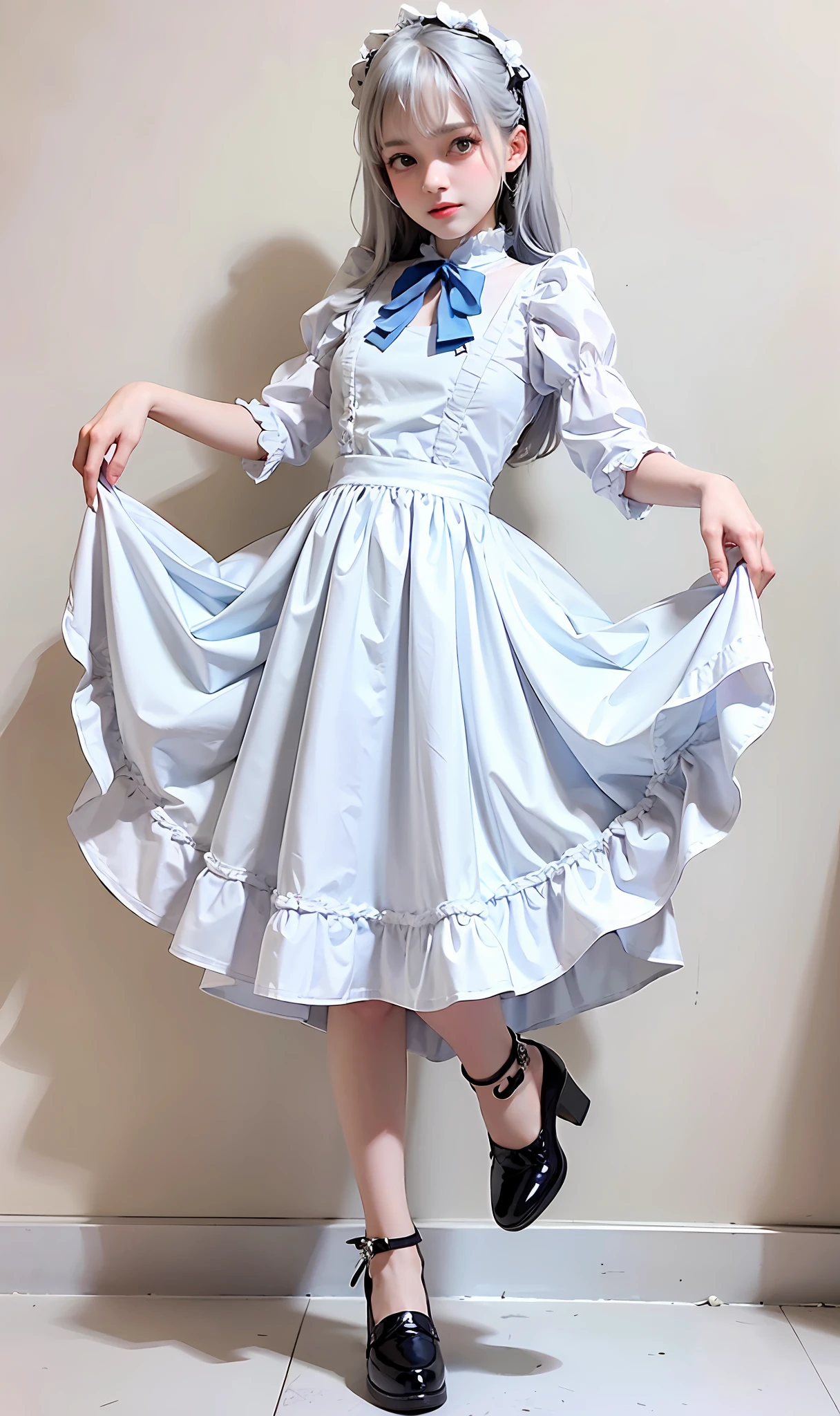 Alafed woman in white dress and black shoes poses for photo, angelic pretty, Lolita style, loli in dress, by Ayami Kojima, white monochrome color!!!!!, Cute dress, pale-blue, White Dress!! of silver hair, Lolita Fashion, maid dress, white and pale blue, Kawaii Style, cosplay of a catboy! maid! Dress