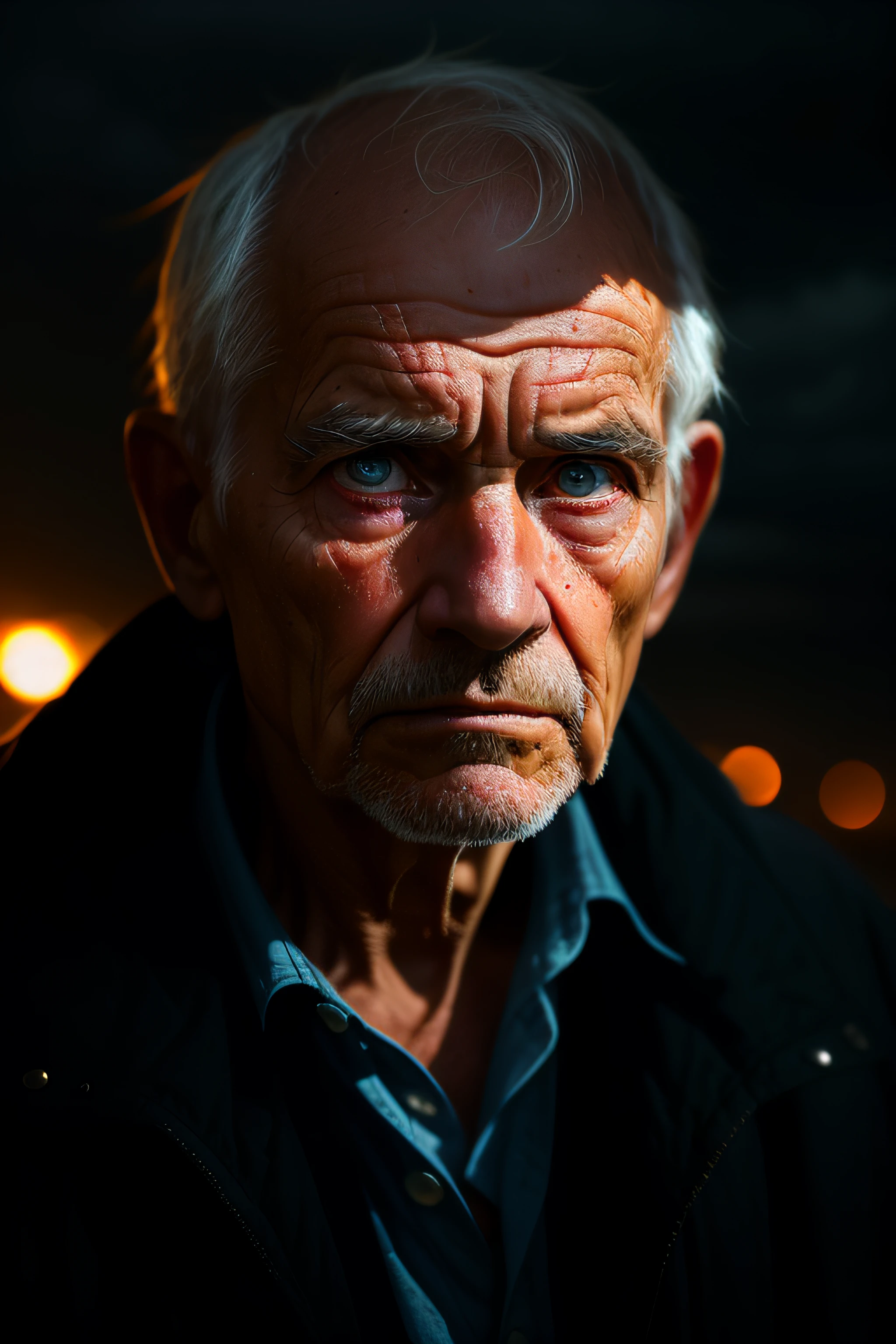 (sharp focus:1.2), an award winning photo of an old man peasant, water droplets, thunderstorm outside, lightning back lighting, , lines on face, wrinkles, extremely detailed skin, sadness, hopelessness ,cloudy eyes, (deep shadows:1.1), high contrast, beautiful eyes, absurdres, 8k, (high quality:1.3), , artstation hd, concept art, detailed face and body, award-winning photography, (moody lighting:1.2), depth of field, bokeh, 4K, HDR