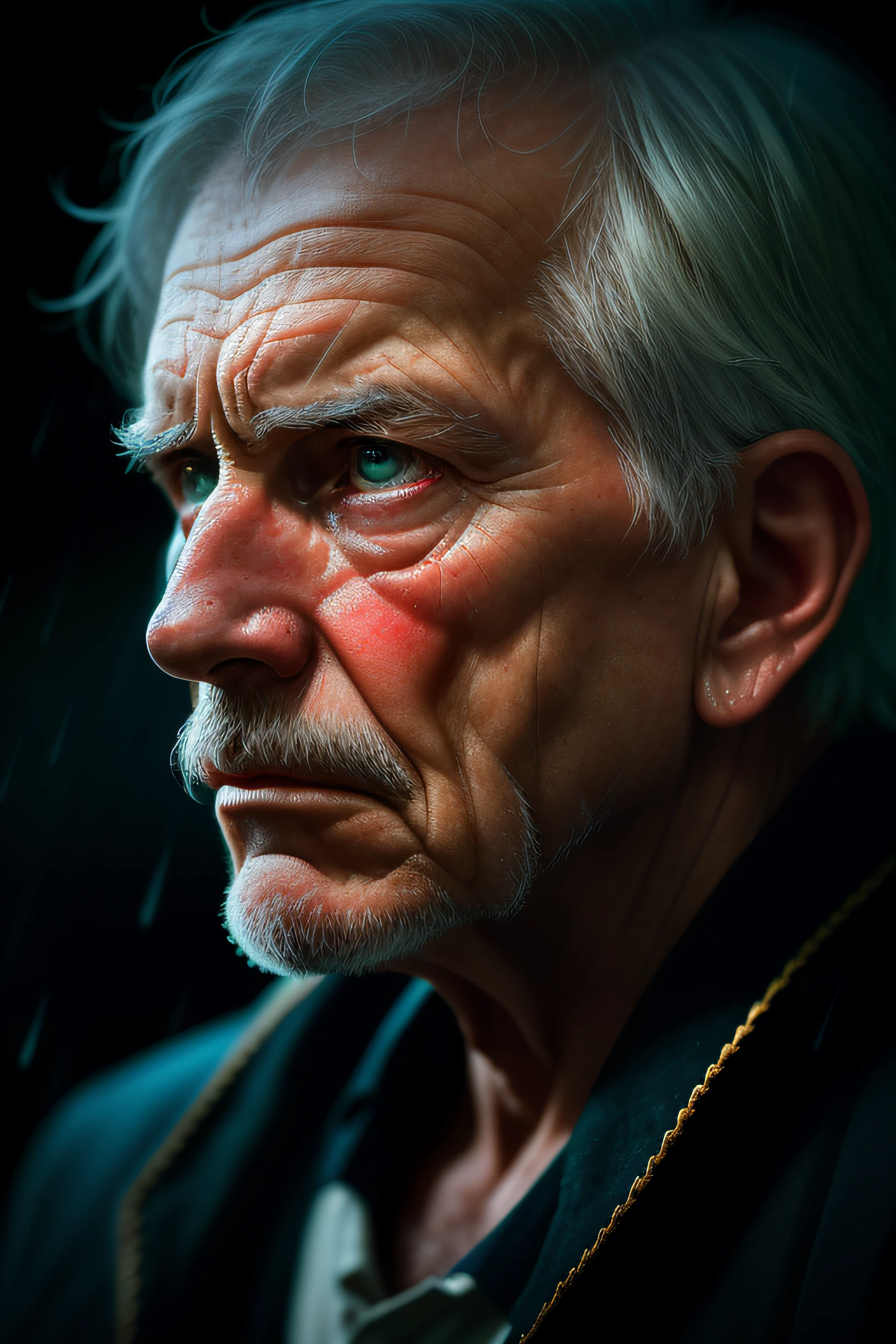 (sharp focus:1.2), an award winning photo of an old man peasant, water droplets, thunderstorm outside, lightning back lighting, , lines on face, wrinkles, extremely detailed skin, sadness, hopelessness ,cloudy eyes, (deep shadows:1.1), high contrast, beautiful eyes, absurdres, 8k, (high quality:1.3), , artstation hd, concept art, detailed face and body, award-winning photography, (moody lighting:1.2), depth of field, bokeh, 4K, HDR