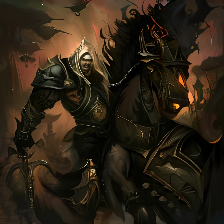 um close up de um cavalo com um homem sobre ele, Arthas, Arthas Menethil, Archaon, o EverChosen, cavaleiro da morte, Directed by: Kalervo Palsa, arte do mundo de warcraft, arte de warcraft, Cavaleiros do Apocalipse, arte conceitual de world of warcraft, Paladino Grimdark, Sleipnir, Morgoth, guerreiro das trevas, Arte de Warcraft da Blizzard