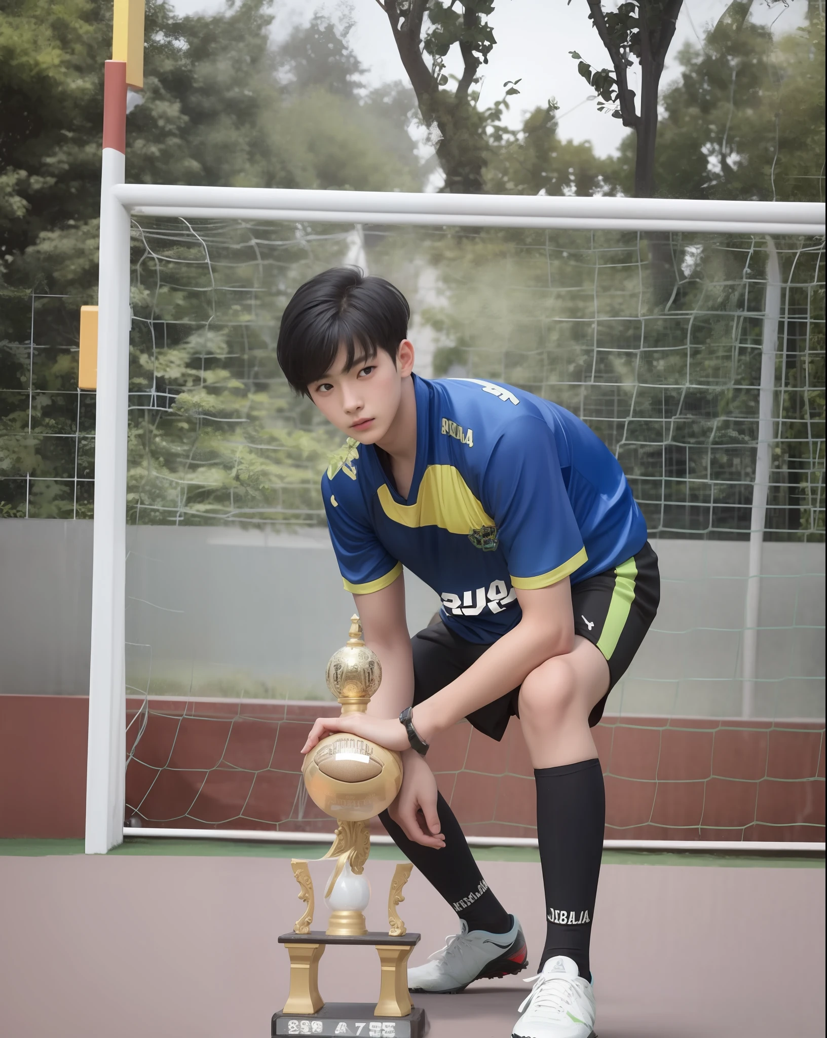 1Boy,short hair, black hair,Football shirt,18 years old,8k,realistic,70 mm,