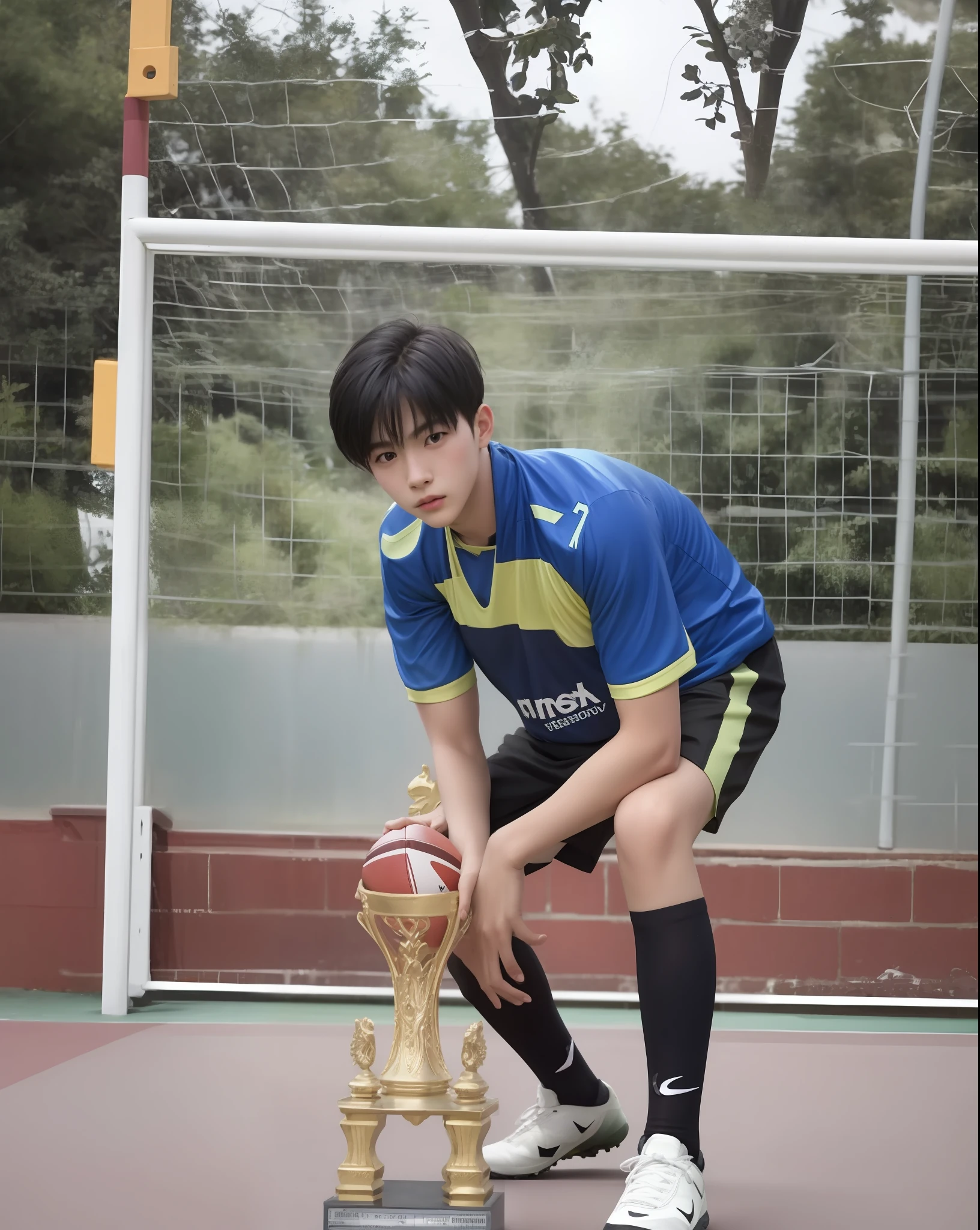 1Boy,short hair, black hair,Football shirt,18 years old,8k,realistic,70 mm,