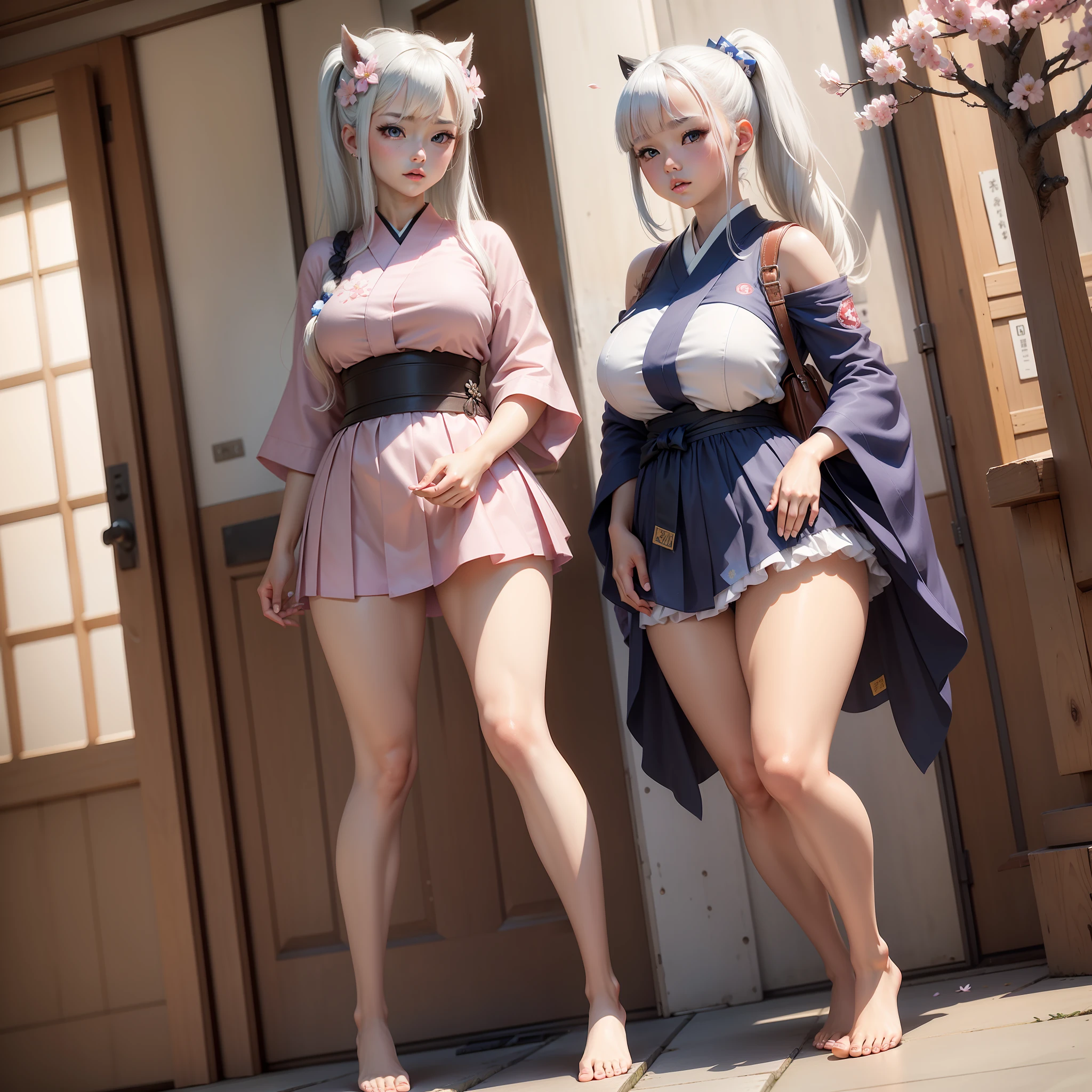 {{Masterpiece}}, Shiny skin,Best quality,the detail,extremely detaile,Kizi, 裸体女生,full bodyesbian,Long height,Full-figured,Large of breast,Kamiasto ayaka,pony tails, straight bangs,White hair, Blue eyes,No shoes, Bare legs, Japan hair ornament,Teenage,Cherry blossoms,Real Human,photore,Unreal 5