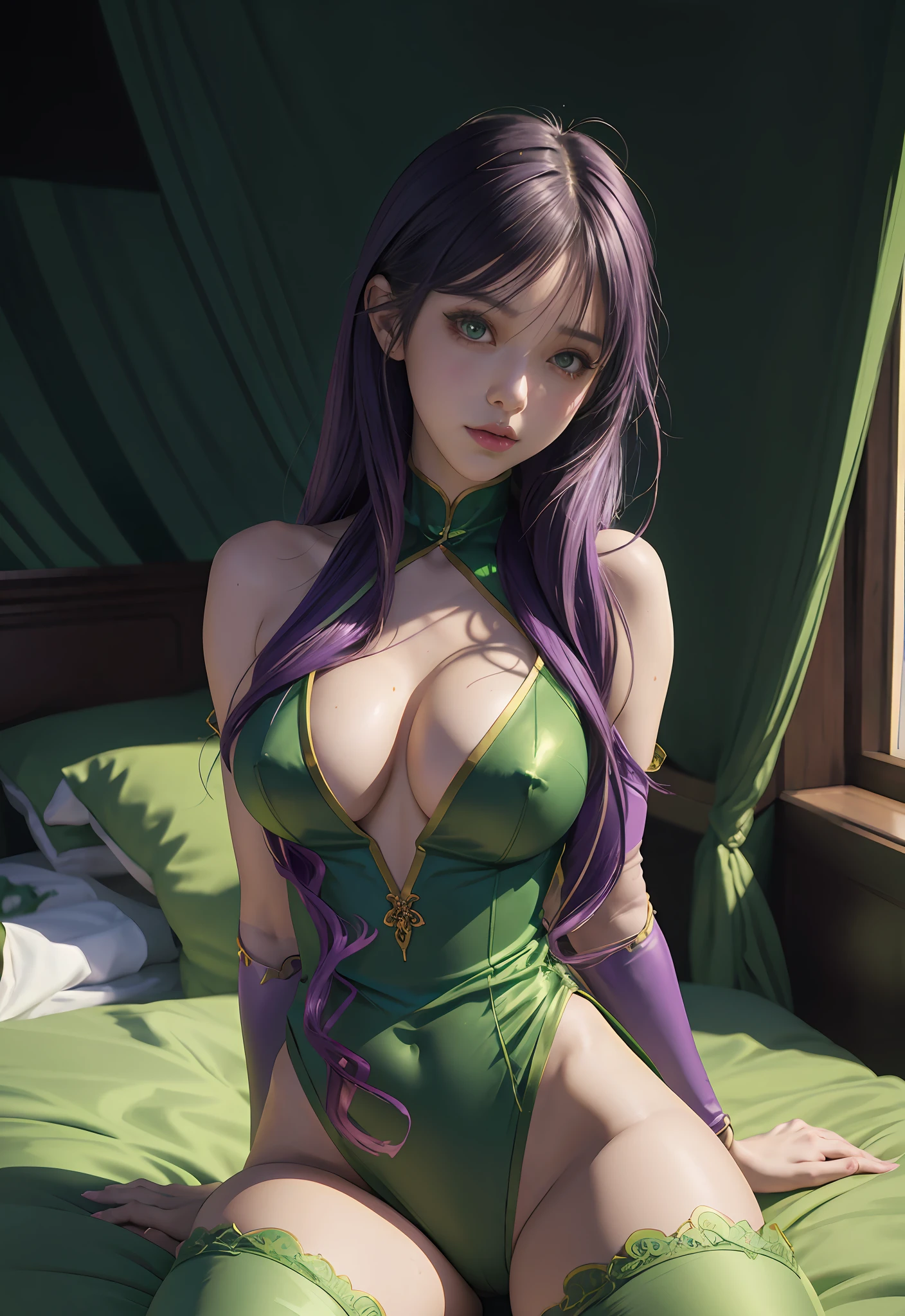 anime - style woman in green and purple outfit sitting on bed with legs spread on sides , extremely detailed artgerm, artgerm. anime illustration, seductive anime girl, artgerm 4 k, beautiful alluring anime woman, detailed digital anime art, artgerm on artstation pixiv, ross tran 8 k, style artgerm, like artgerm