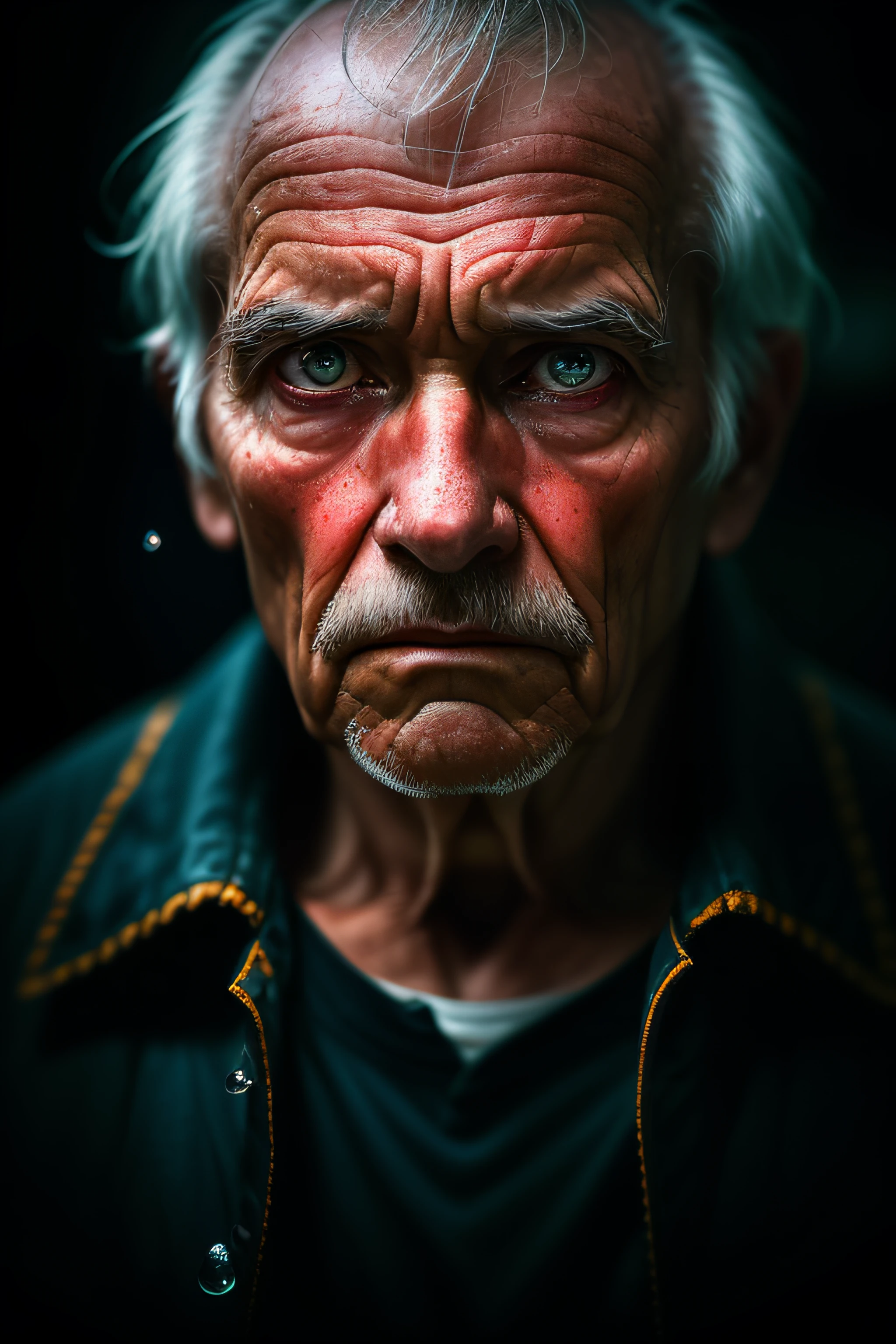 (sharp focus:1.2), an award winning photo of an old man peasant, water droplets, thunderstorm outside, lightning back lighting, , lines on face, wrinkles, extremely detailed skin, sadness, hopelessness ,cloudy eyes, (deep shadows:1.1), high contrast, beautiful eyes, absurdres, 8k, (high quality:1.3), , artstation hd, concept art, detailed face and body, award-winning photography, (moody lighting:1.2), depth of field, bokeh, 4K, HDR