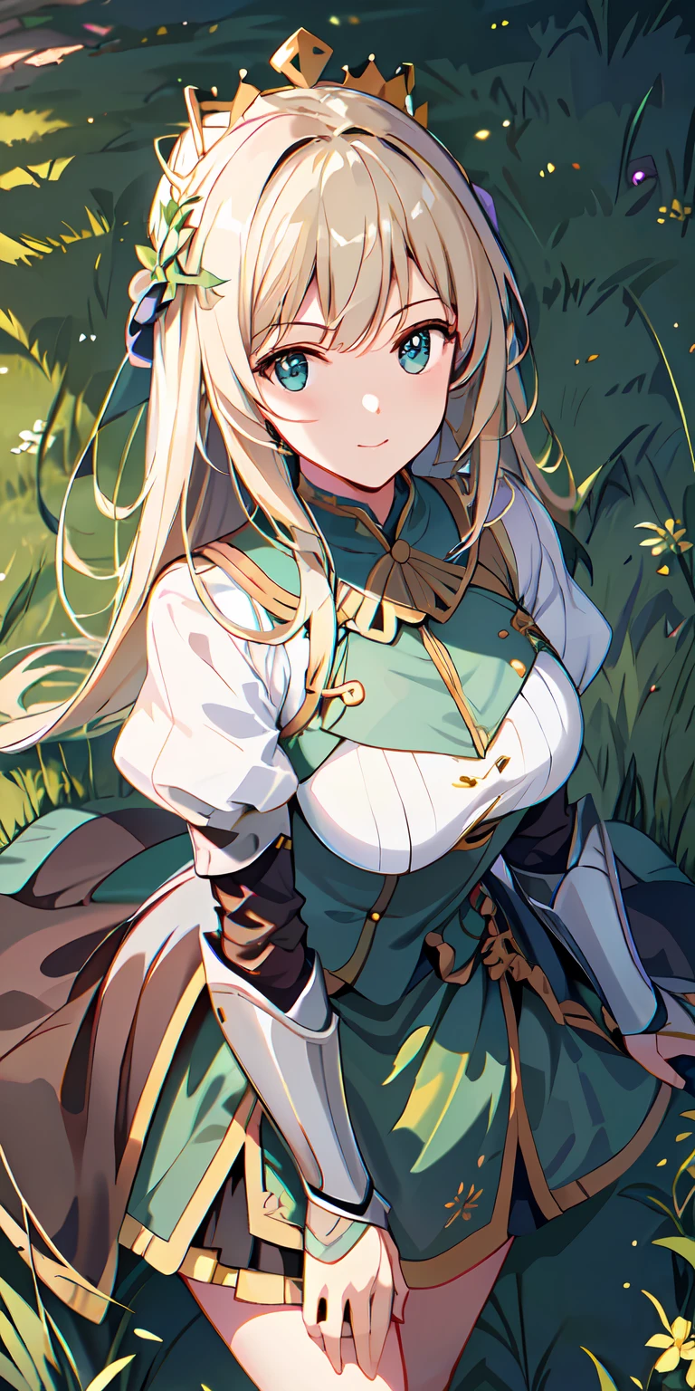 grassy fields， A high resolution, (巨作:1.4), A highly detailed, 1girll, By the right, space, sitted, King Knight Armor, Sharp focus, (Cinematic lighting), (1girll), Slight smile，The 5 fingers of each hand are super detailed，