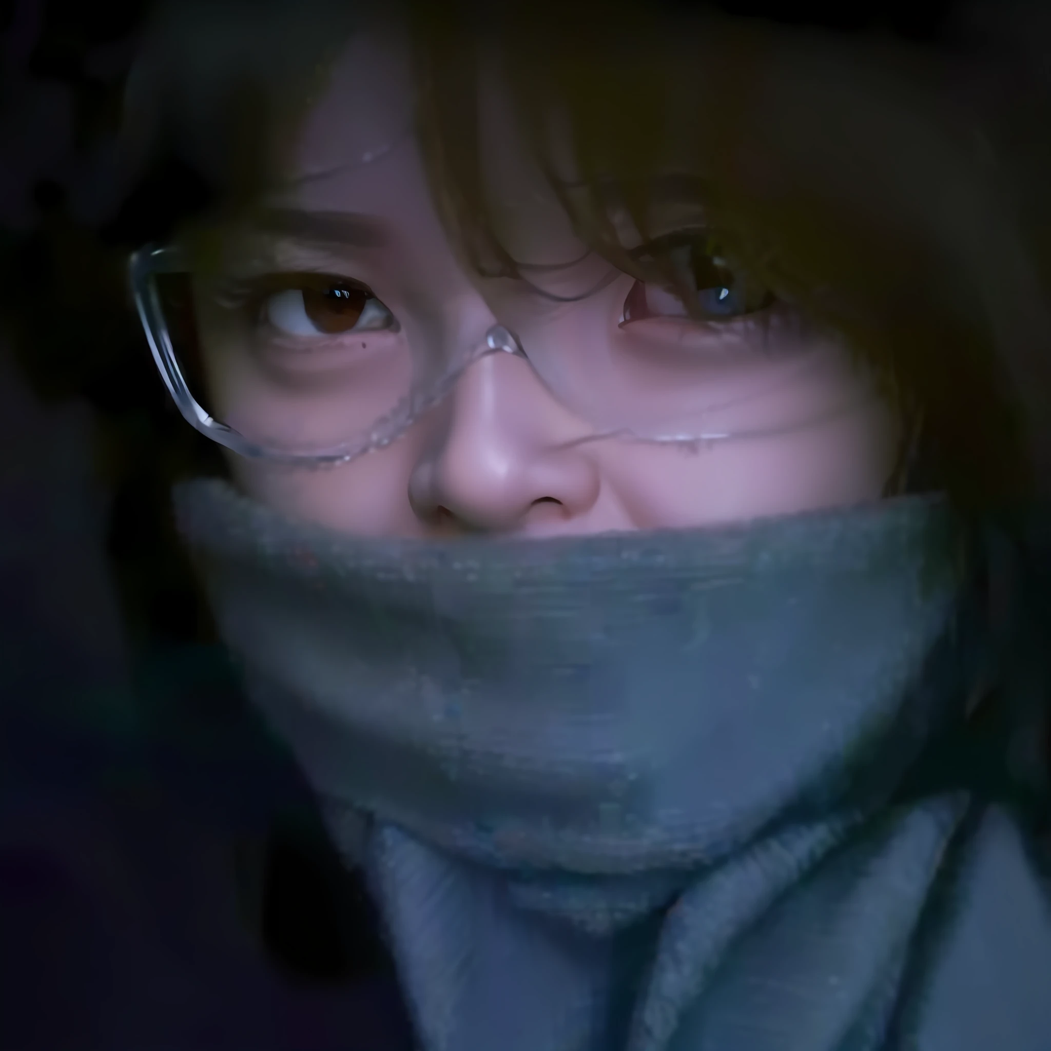 wears glasses,An Arad woman with a scarf covering her face, chilly dark mood, Cold, profile photo, with a cold, obscured face, chilly, discord profile picture,