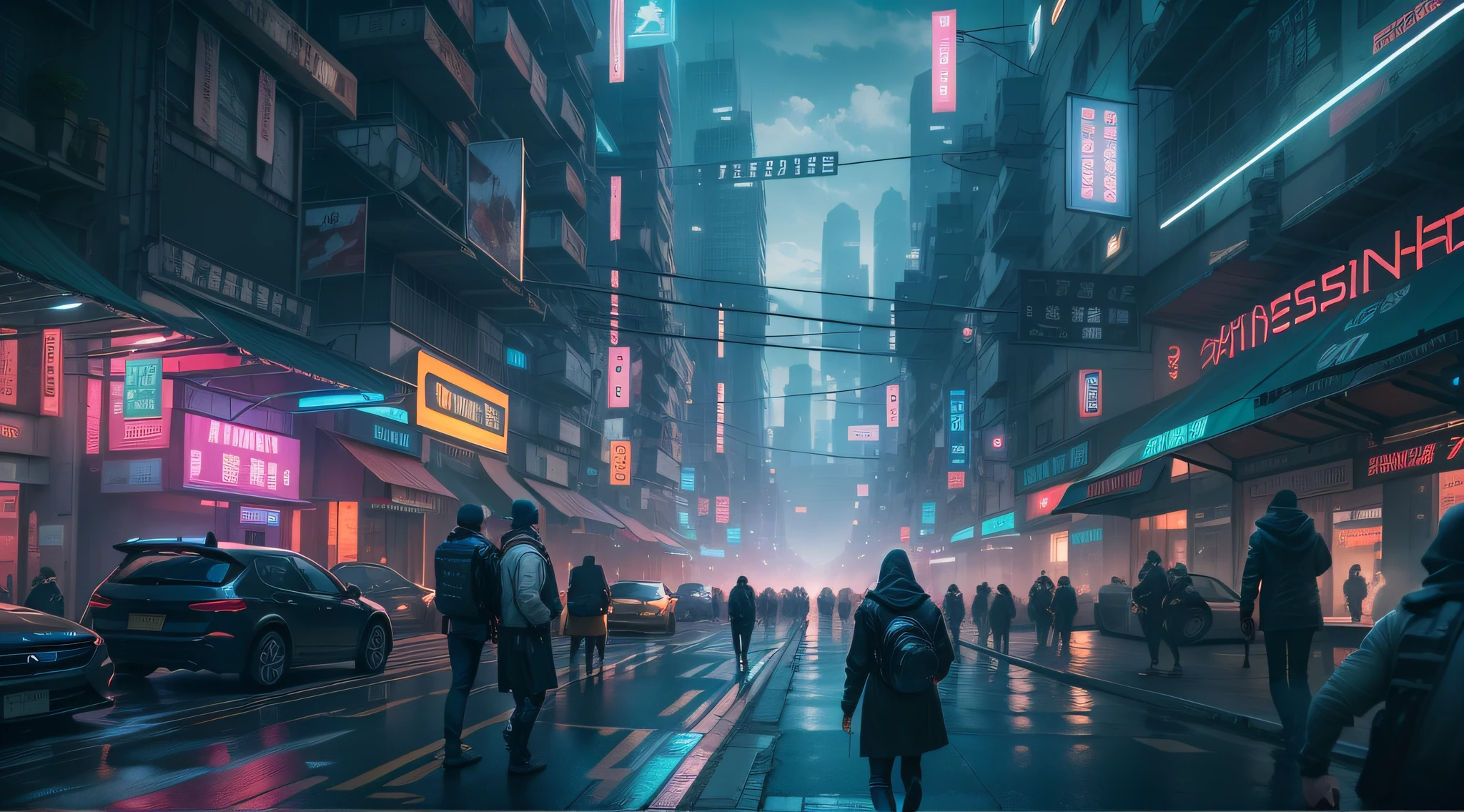 cyber punk perssonage，4K分辨率，A city of thousands of lights，Streets with pedestrians，high - tech，Vehicles floating in the air