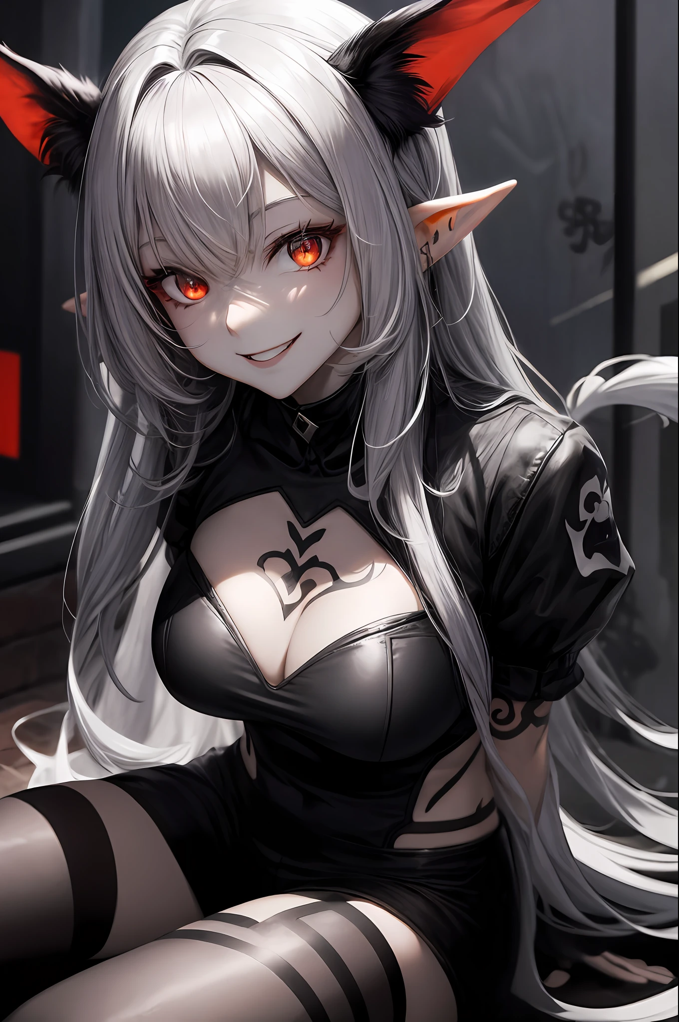(Ashenhardt style:1.4), tmasterpiece, best qualtiy, high high quality, (Dark invisible creatures,Crimson glow and red eyes,Surrounded by darkness:1.2), (In the silhouette), (darkly:1.2), abstracted, abyssal, Award-winning photography, depth of fields, HDR, The is very detailed, Trend at Artstation, Trends in CG society, 复杂, high detal, (tmasterpiece:1.2, best qualtiy), (best illuminate, very fine and beautiful), (best illuminate,very delicate beautiful), (beautifull detailed face), (Detailed eyes and detailed face:1.2), (Young girls, small beast, 1girll, 独奏, mad smile, paleskin, 19 Perforations, ((tattoo all over body,Tribal tattoos are everywhere on the legs)) whaite hair, luminous red eyes, dynamic angle, Vampires), Smiling mischievously, sitting in front of graffiti on the wall, pointy_ears, (depth of fields), hight contrast, cowboy lens, full bodyesbian, street fashion, punk clothing,Kneeling