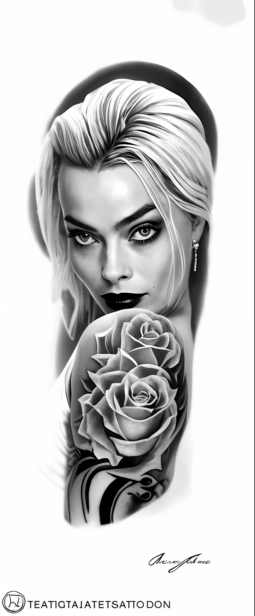Un primer plano de la cara de Margot Robbie como Harley Quinn, sosteniendo una carta con un tatuaje, arte del tatuaje, Estilo de tatuaje negro y gris, tatuaje en blanco y negro, Realismo Dibujo del tatuaje, Realistic tattoo design, Tatuaje de realismo, Tatuaje galardonado, Tatuaje sombreado hiperrealista, Detallado y realista, Blanco y negro realista, tatuaje sombreado, tinta blanca y negra ', Estilo de tinta, estilo de tatuaje