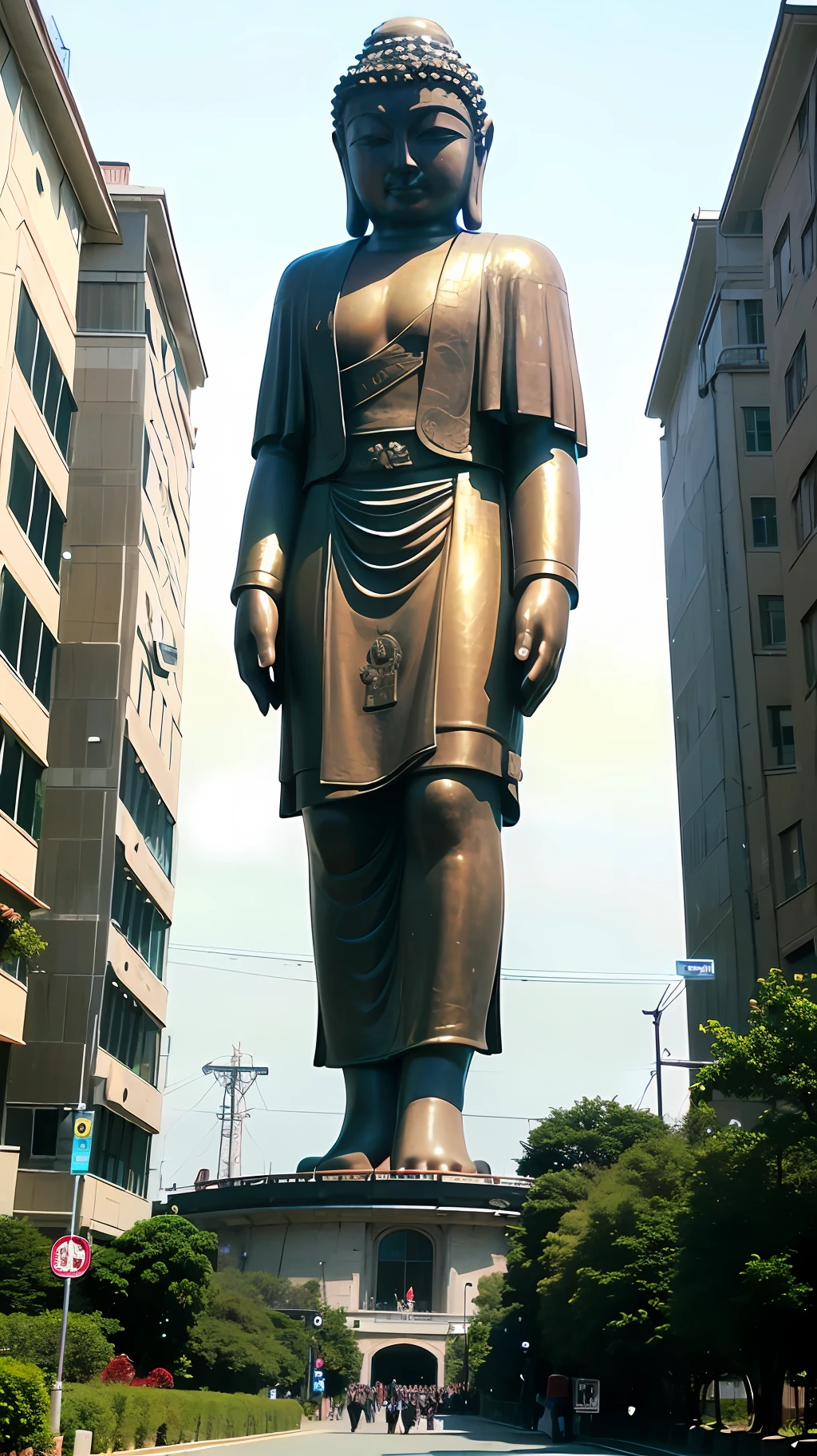 (Giant tall Buddha statue in the distance: 1.5,), (Cyberpunk City Background: 1.2),(Realism: 1.4), (Best Quality: 1.0), (Ultra High Resolution: 1.0), 8K, RAW Photos, (Masterpiece: 0.2), Ultra Detailed, (Pilgrims on the Road: 0.8),