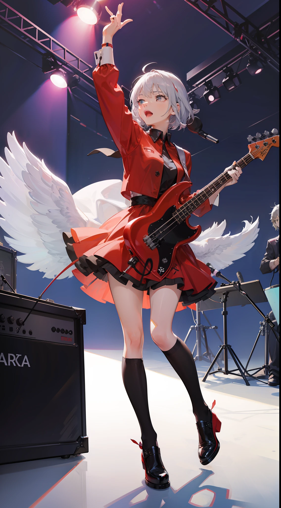 Girl in a dream。Holding a microphone and singing。I have short silver hair。Wearing red clothes。It's a rock band。I'm playing bass。Music notes are flying around。It is an illustration of the highest quality