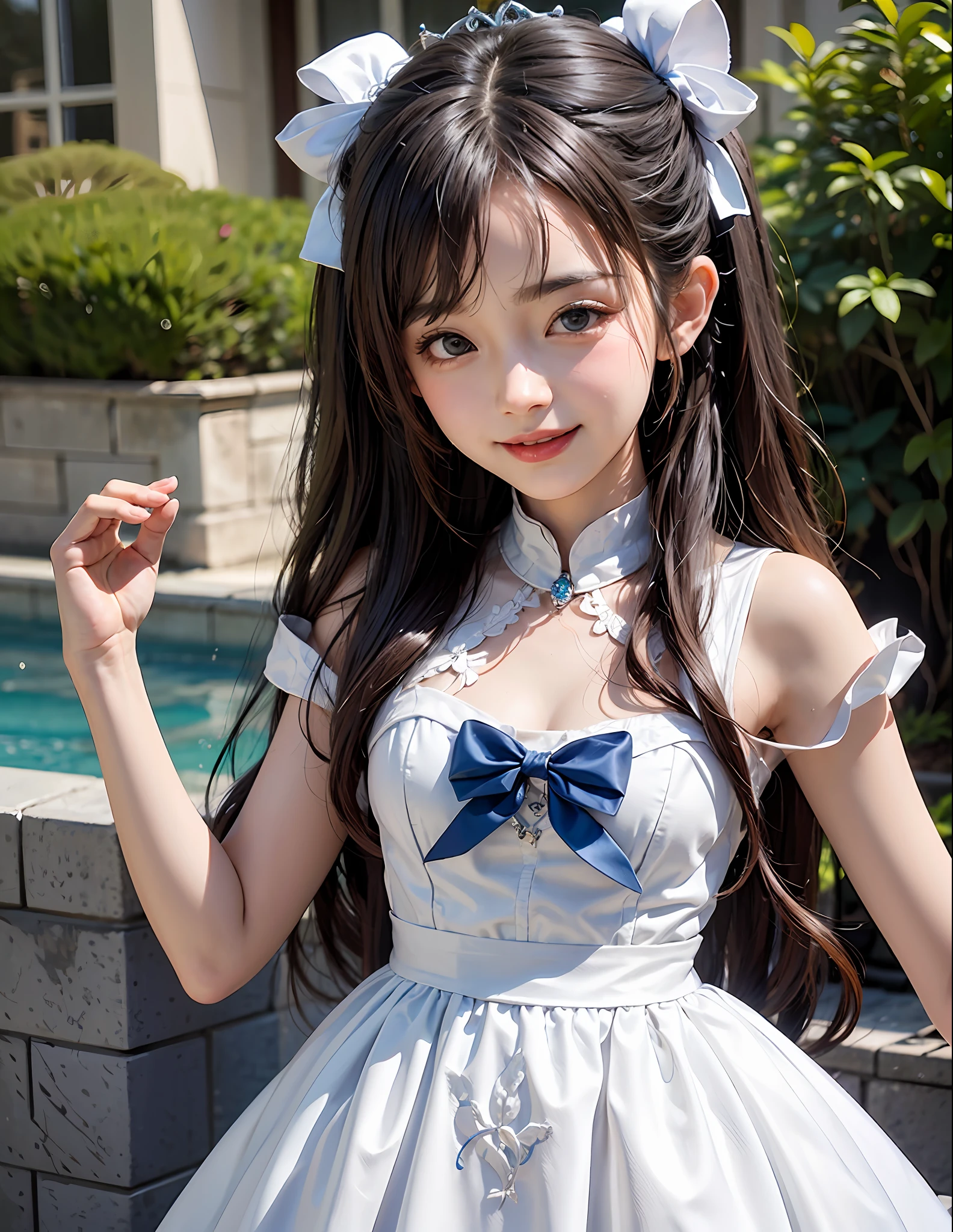 Marble garden,1little girl,lily,twintails,brunette color hair,By bangs,Long white embroidered dress,Blue bow,9-year-old female model,Princess,crown,Smile,