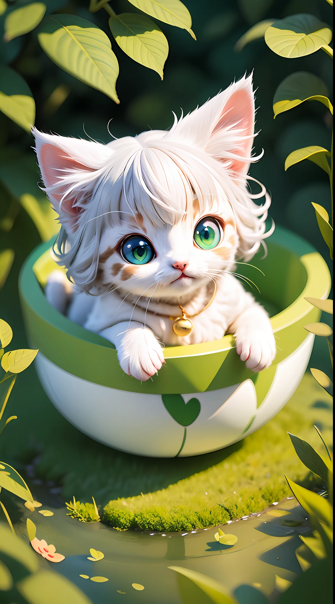 A white-haired kitten,adolable,spherical,cleanness,afloat,shaggy,Big eyes,Non-human,In the green one,Simple,ssmile,Funny,Morandi color system,Looking to the left,Left