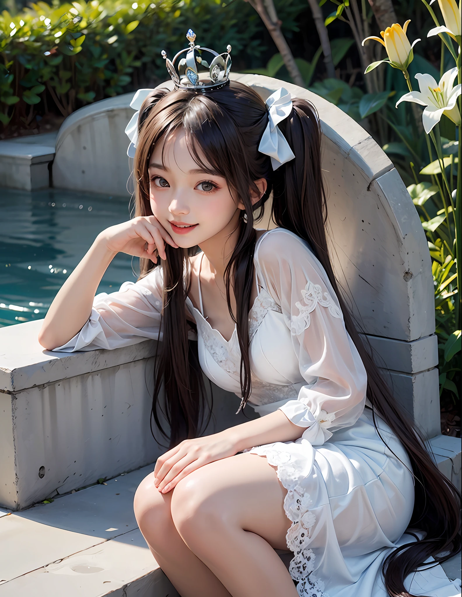 Marble garden,1little girl,lily,twintails,brunette color hair,By bangs,Long white embroidered dress,Blue bow,9-year-old female model,Princess,crown,Smile,