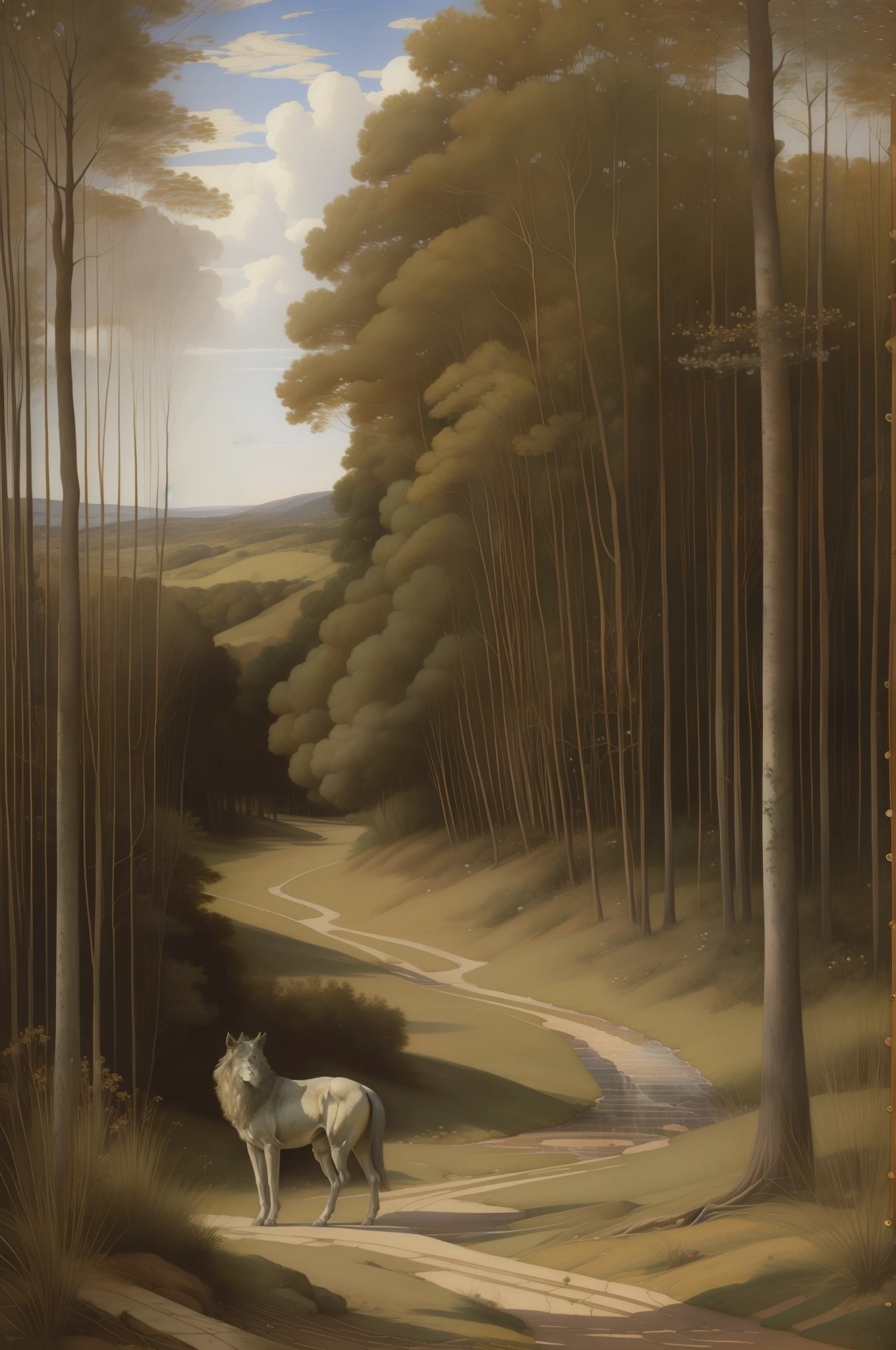 (((Pre-Raphaelite painting))), guerreiro celta vestido de peles, acompanhado de um lobo, paisagem noturna, descampado, espinheiro-branco, twisting trees, noite, escuro, lobos, lobo"