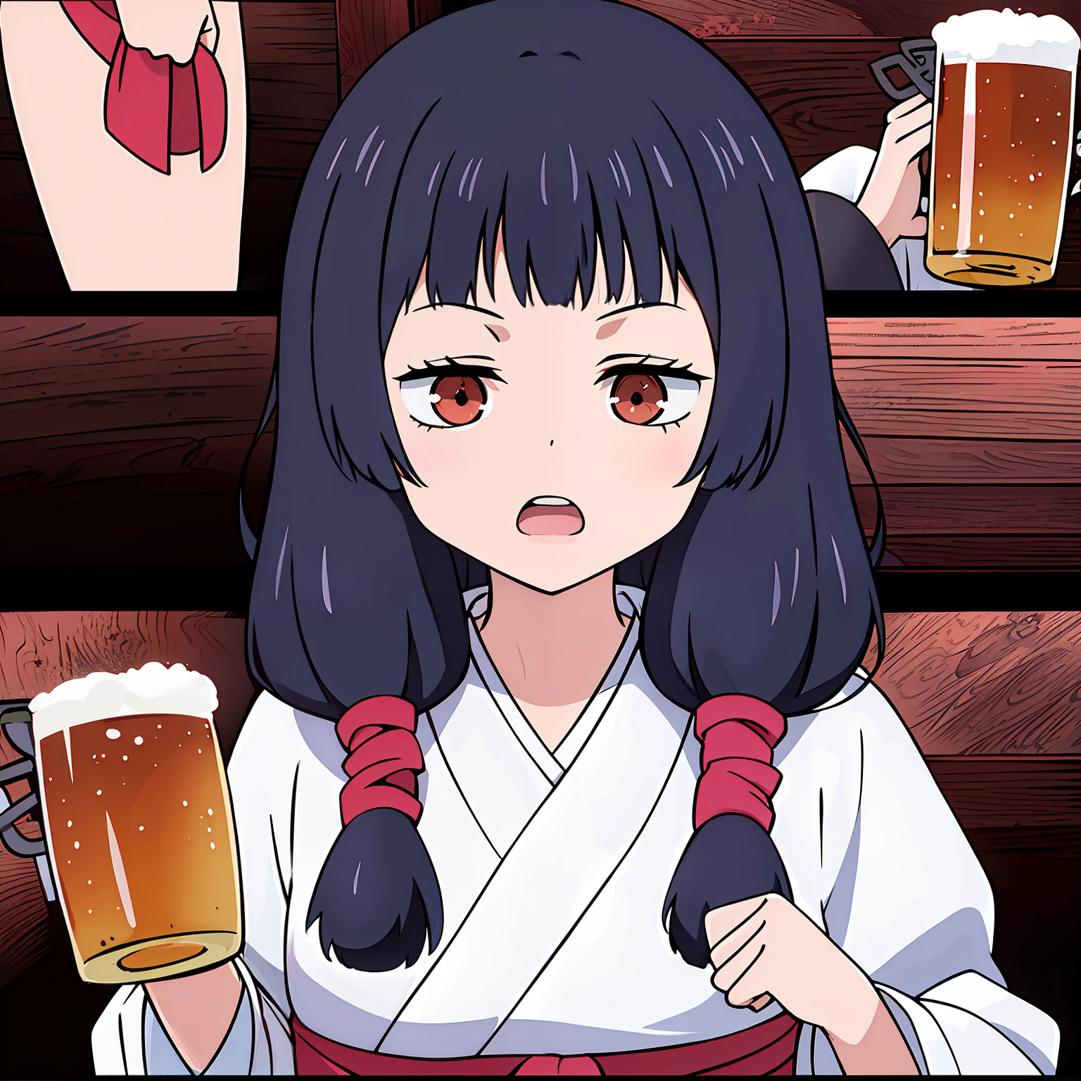 Twin-tailed、shrine maiden、bangss、Dark hair、long、masutepiece, ((hyper detailed background, Delicate pattern, intricate detailes)), (Highly detailed, Fine details), Best Quality, Beautiful lighting, ((medium breasts, Slim Girl)), beer、Drunk、Open mouth、sitted、Woman with beer mug、songstress、Zito-order、