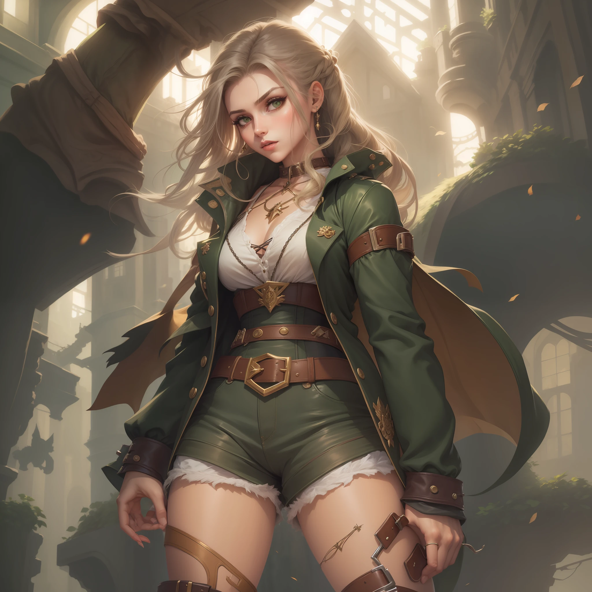 mulher loira de shorts curto, roupa verde e branca, cabelo loiro, cabelo dourado, cabelo longo, plaits, botas brancas, castlevania, sensual, dynamic lights, dinamic angle