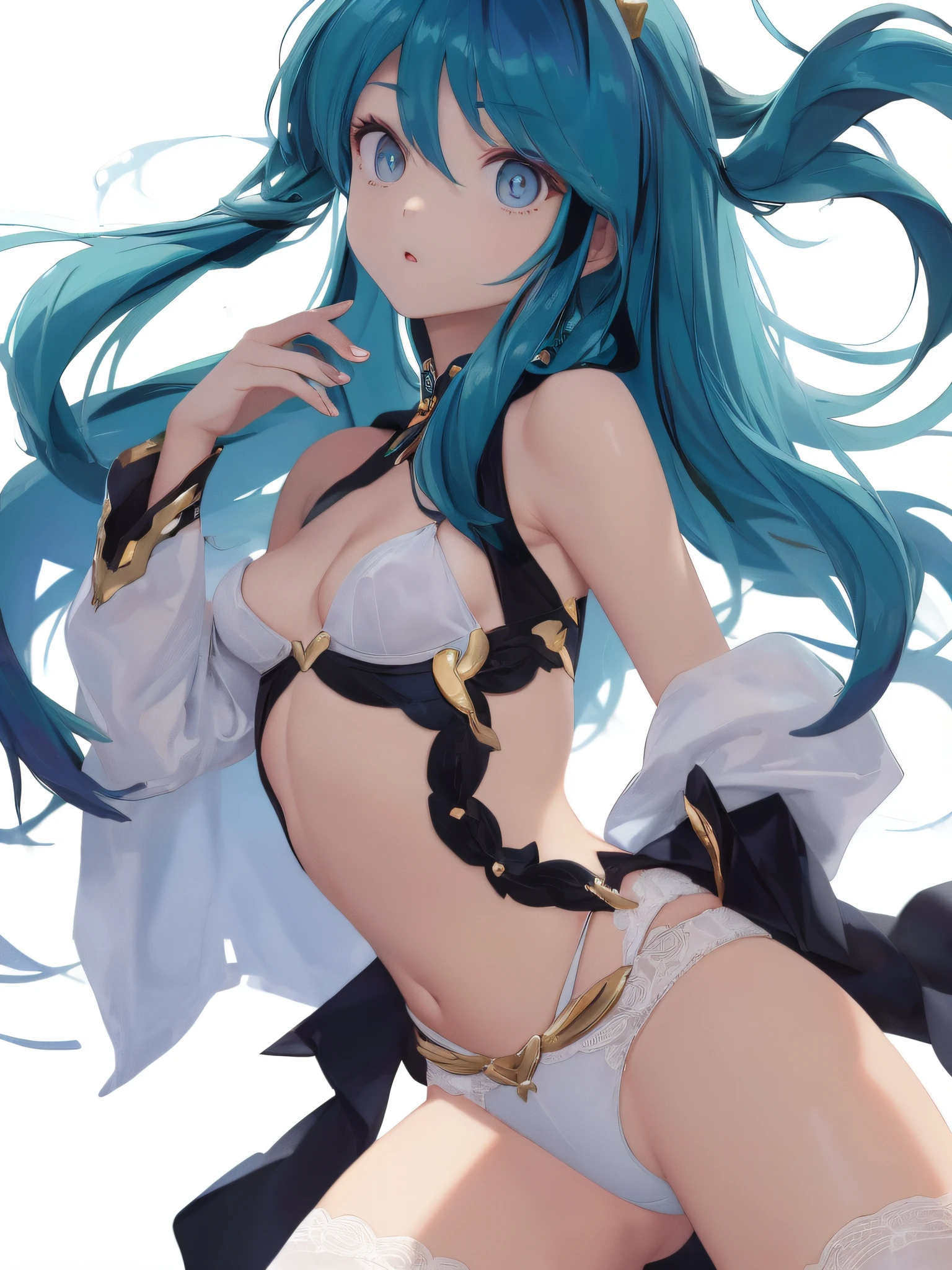 (​masterpiece)、(best qualtiy)、(ultra-detailliert)、(a high chroma)、tre anatomically correct、(CG Illustration)、highcontrast、(One Woman 1.8)、urusei yatsura、Ram-chan、[Demon Horn-2.0]、(((Fine and beautiful eyes)))、Delicate beautiful face、Ram hairstyle、(dishevled hair)、((sexy langeries))、See-through clothes、Translucent white panties、(Black stockings)、large and beautiful breasts、cleavage of the breast、(((small and stiff nipple))) 、Spread your legs and float in the air、、the pose、((The best lighting))、simple background