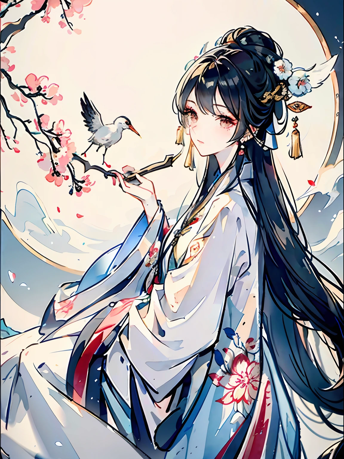((4K,Masterpiece,Best quality)), shuimobysim, (((Traditional Chinese painting))), caligraphy,Hanfu, maxikit, Dress conservative 1 woman, Beautiful and moving,独奏, whaite hair, long whitr hair, white colors, white crane, peach blossom,faeries,Cloud fog,rays of moonlight,loft,High hills,