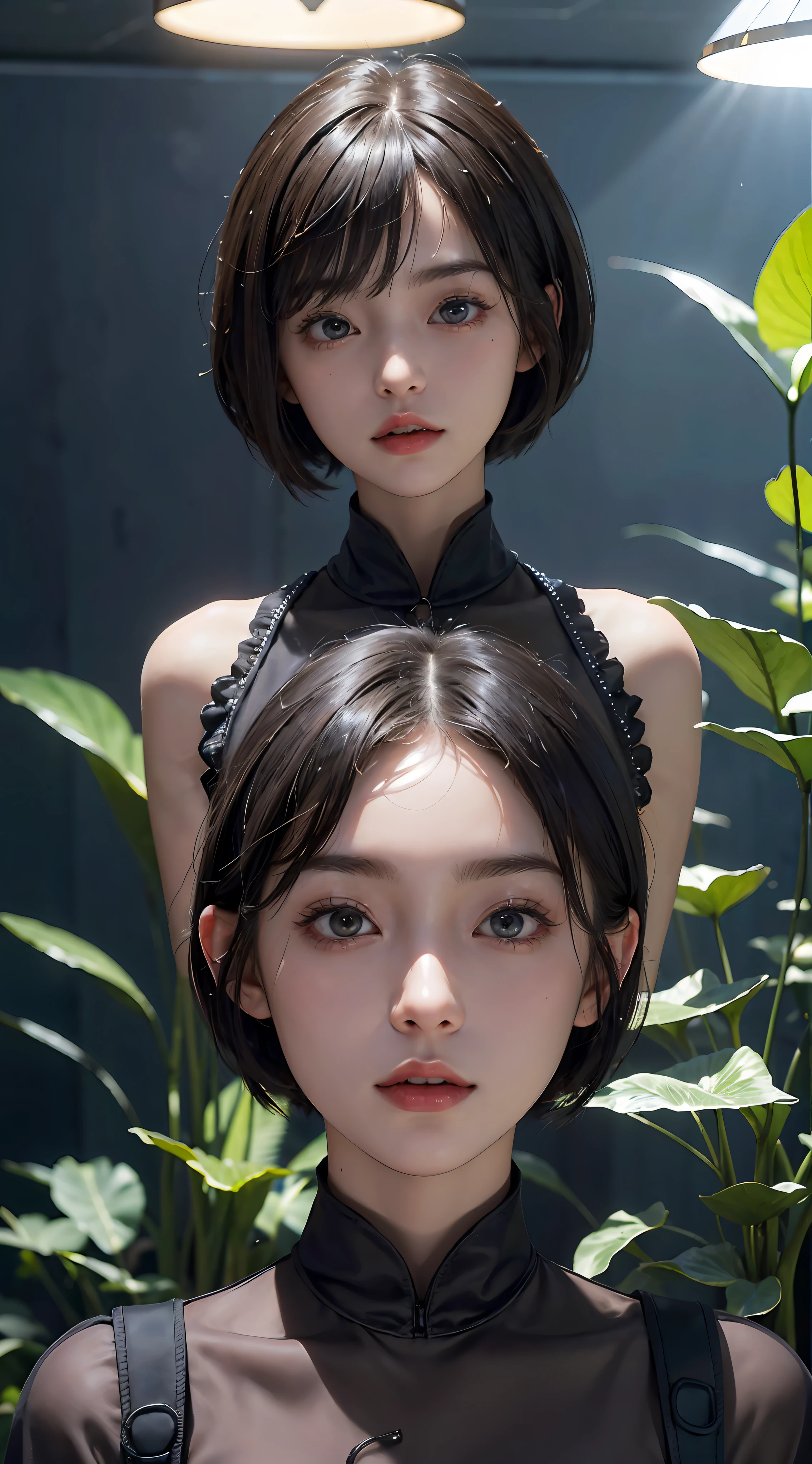 (((a 20 yo woman)))、((aquariums))、masterpiece, 1 beautiful girls, (((very_Short_hair))), Eye details, Swollen eyes, Top image quality, 超A high resolution, (Realistis: 1.4), OriginalPhotographs, 1girl in, Cinematographic lighting, japanes, very beautif, Beautiful skins, (A hyper-realistic), (hight resolution), (8 K), (ighly detailed), (The best illustrations), (beautifully detailed eyes), (ultra-detailliert), A detailed face, look at a camera, Facing straight ahead, Neat Clothing, shorth hair、A dark-haired、46-point diagonal bangs、((aquariums))