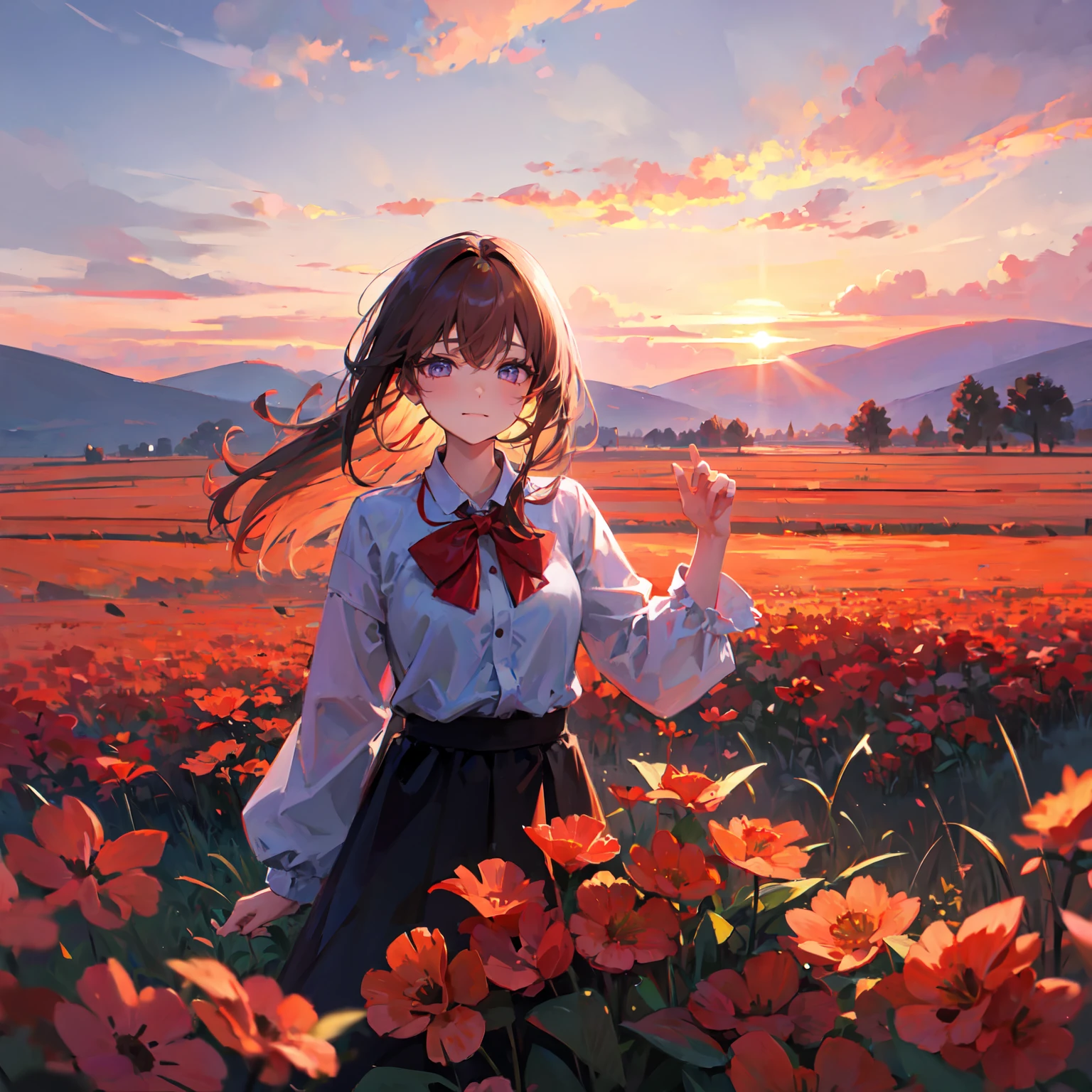 girl standing in field, closeup, portrait, clouds, sunrise