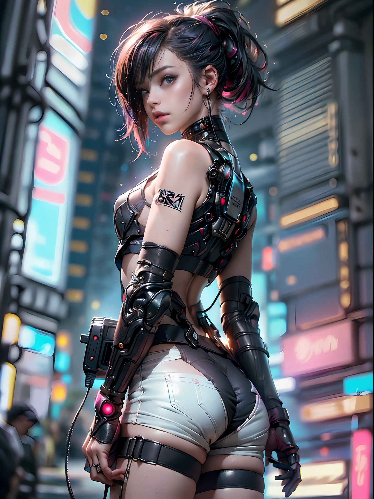 cyber punk Girl,(top-quality、8K、32K、masterpiece、nffsw:1.3)、(The ultra -The high-definition)、(Photorealsitic:1.4)、Raw photography、The upper part of the body,Charming perfect figure,actionpose:1.2,Detailed cyberpunk fashion、World of Cyberpunk,depth of fields,blurry backround,、