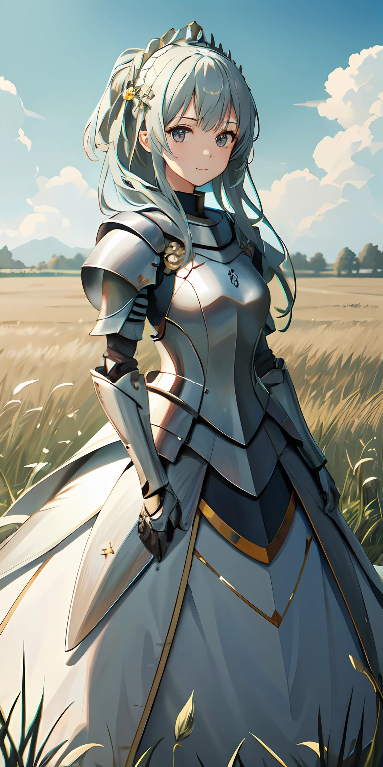 grassy fields， A high resolution, (巨作:1.4), A highly detailed, 1girll, By the back, space, sitted, King Knight Armor, Sharp focus, (Cinematic lighting), (1girll), Slight smile，The 5 fingers of each hand are super detailed，