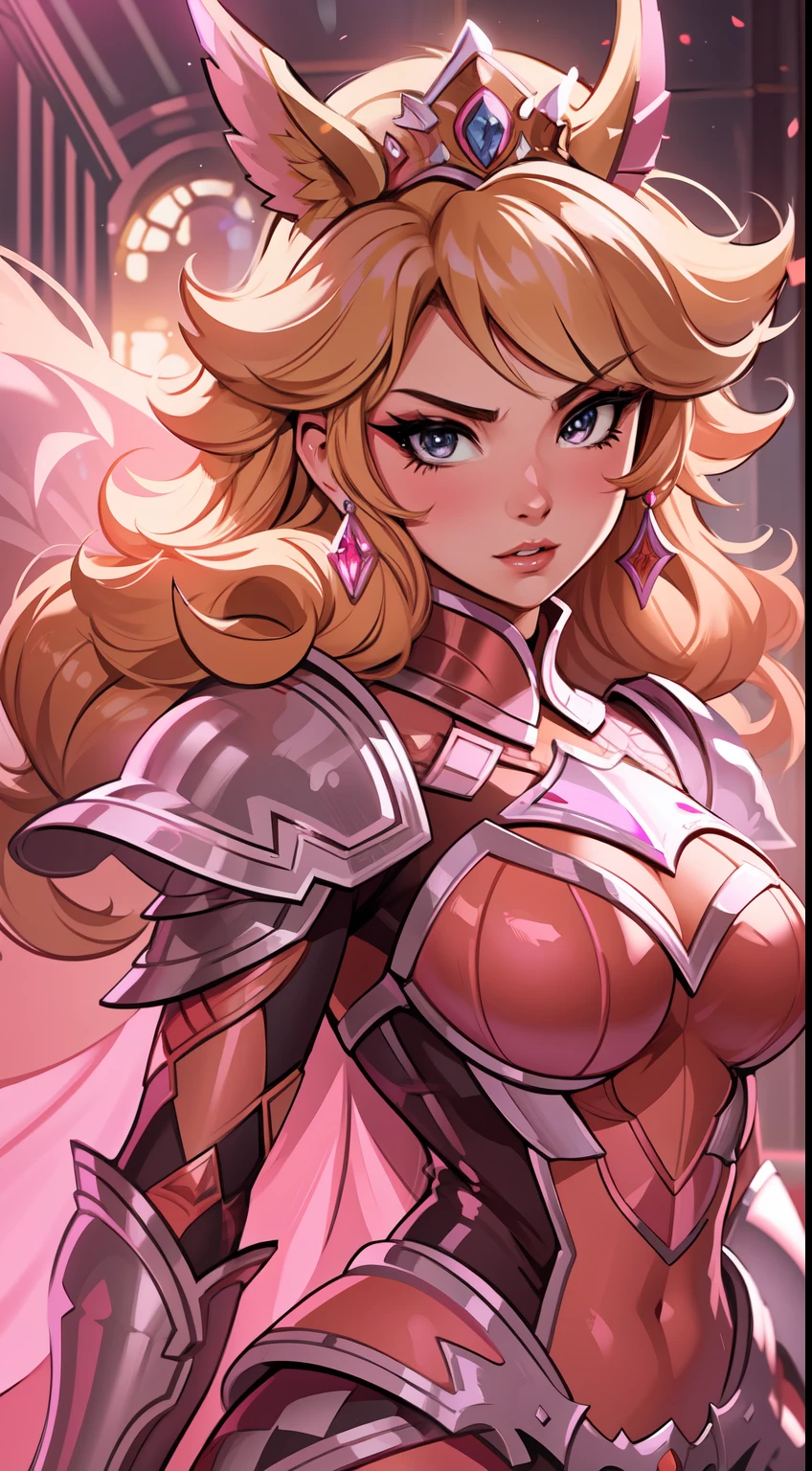 game drawing, Princess Peach wearing epic pink armor, expression serious, close-up intensity, masterpiece, best quality, ultra-detailed, cinematic beautiful lighting, intricate details, looking at viewer, depth of field-ar 2:3-s 200
