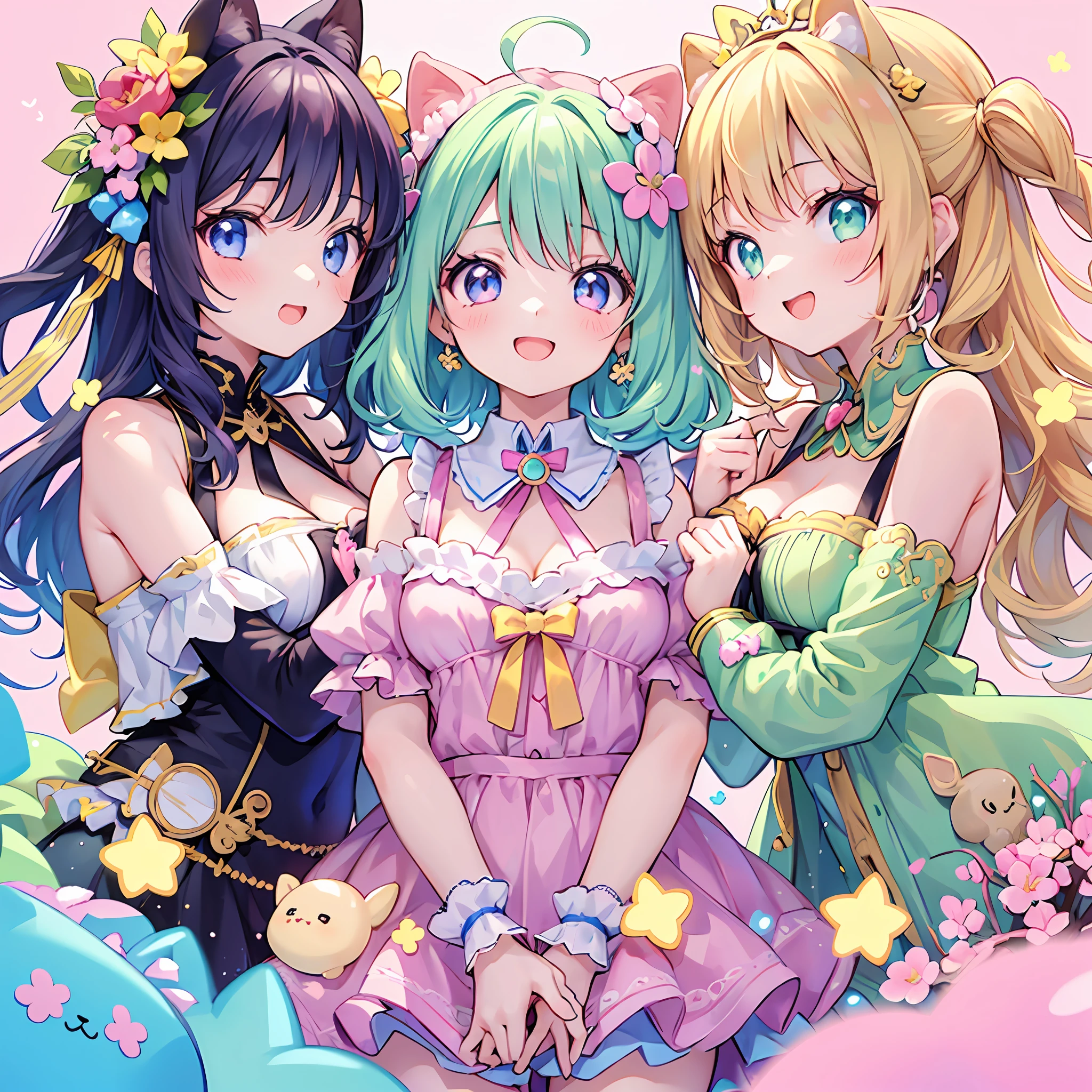 masterpiece, (million 2girls and 2girls and 2girls and 2girls), idol, closeup, big eyes, kawaiitech, kawaii, cute, pastel colors, best quality, happy, deep background, symmetrical, tilted head, spring, cover
