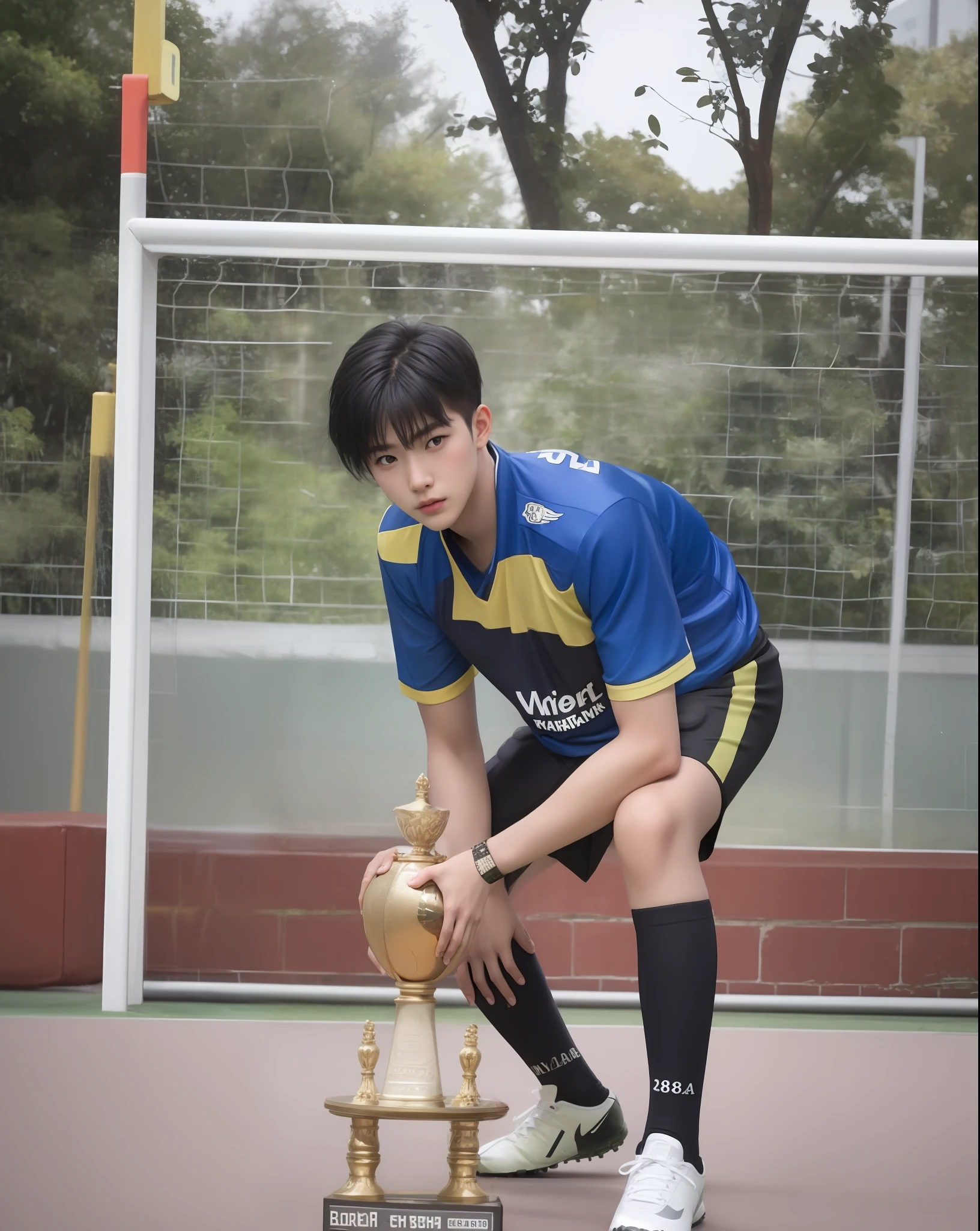 1Boy,short hair, black hair,Football shirt,18 years old,8k,realistic,70 mm, Realistic,Real,