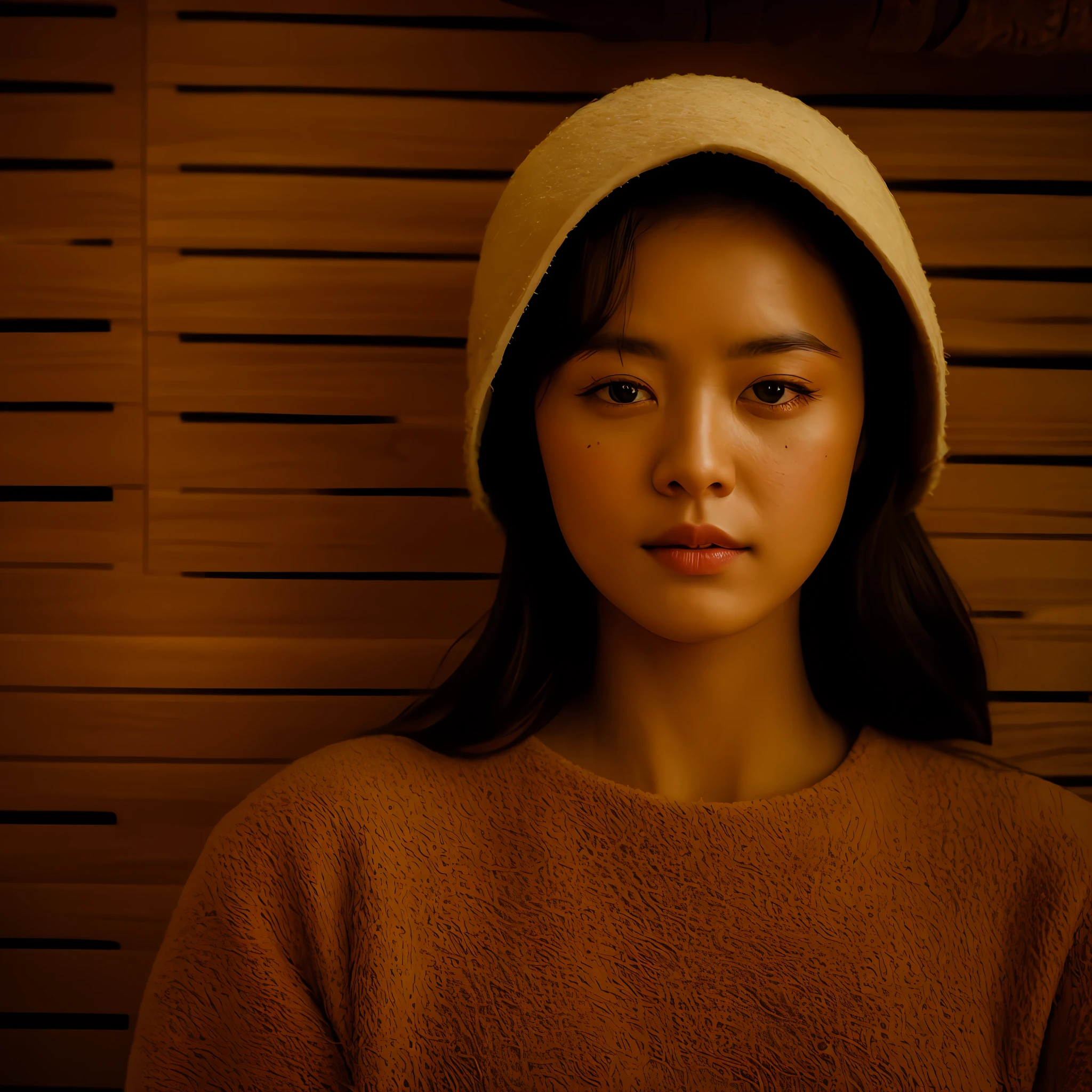 Raw photo, 1人の女性、In the sauna, Acorn-shaped hat made of felt material, Focus on a woman's face , (High detailed skin:1.2), 8K UHD, Digital SLR, Soft lighting, High quality, Film grain, 富士XT3