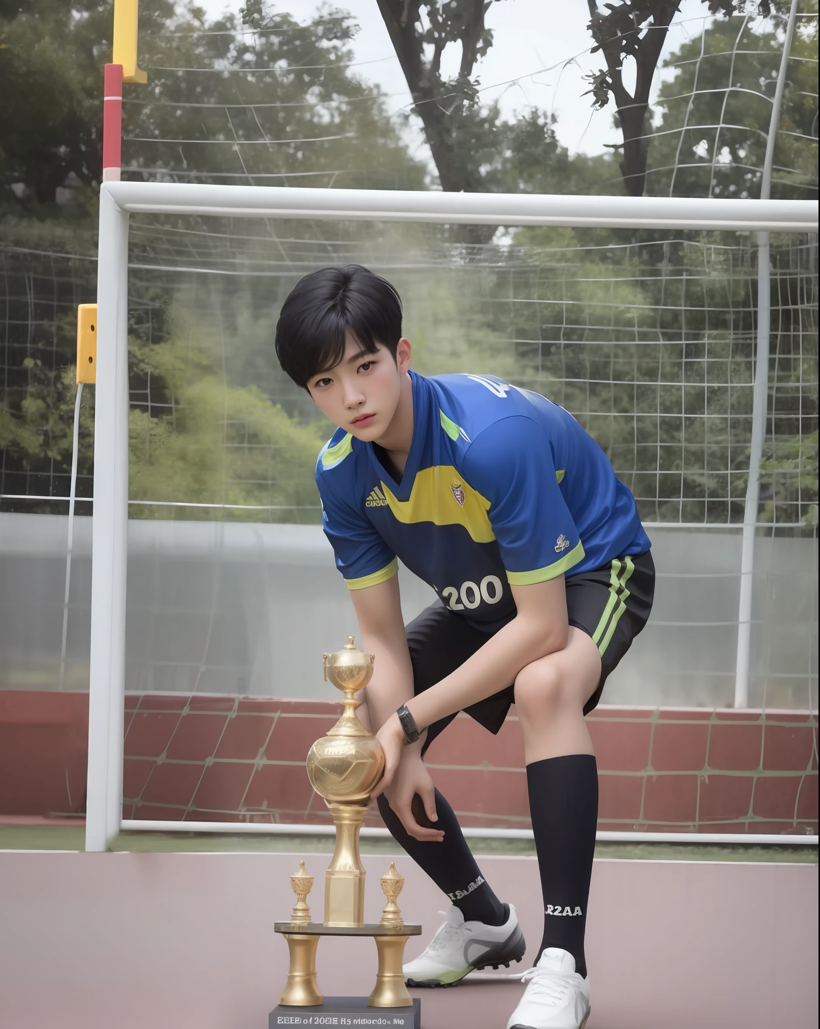 1Boy,short hair, black hair,Football shirt,18 years old,8k,realistic,70 mm, Realistic,Real,