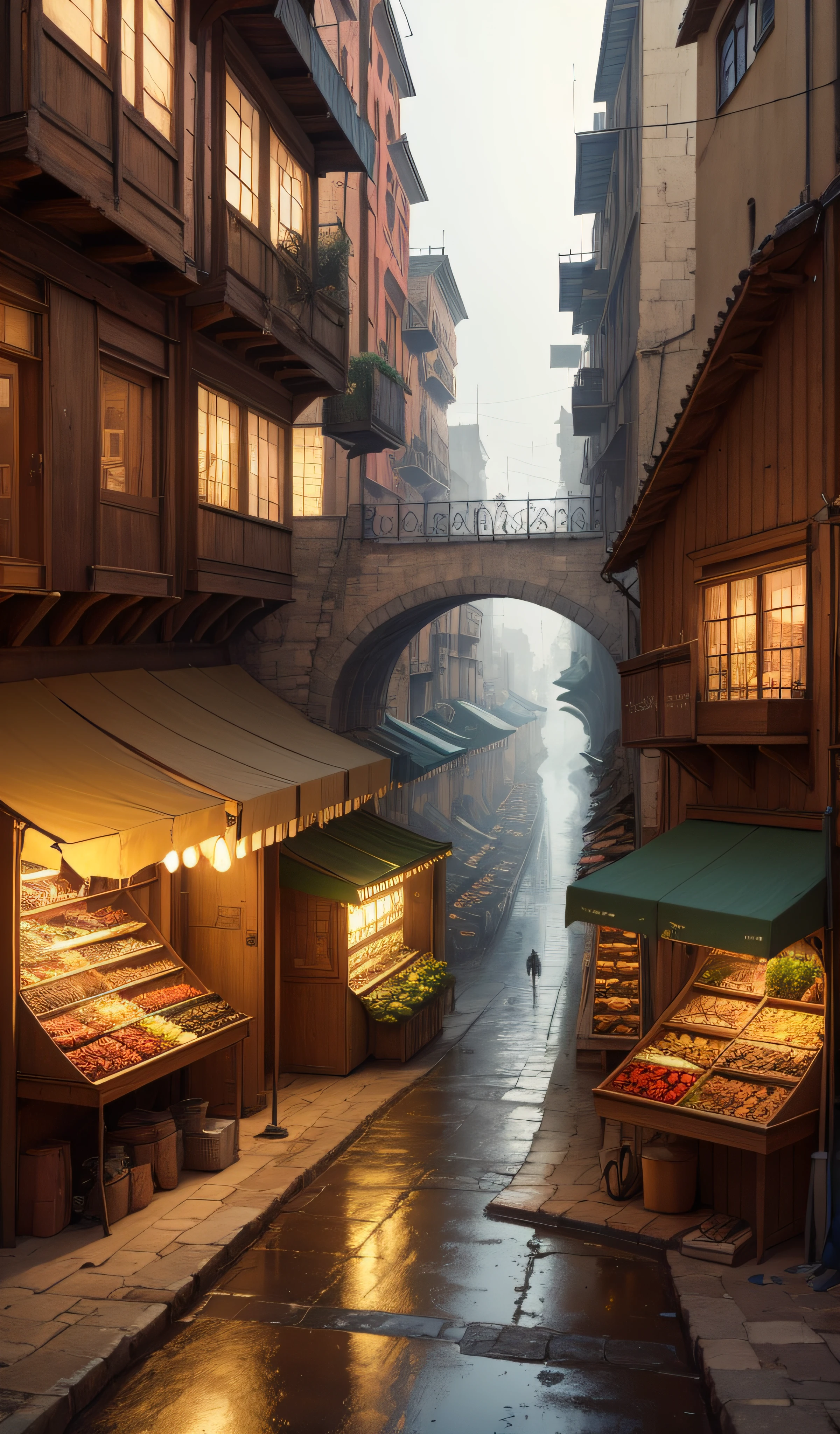((masterpiece)),((best quality)),((high detial)),((realistic,)) Industrial age city, deep canyons in the middle, architectural streets, bazaars, Bridges, rainy days, steampunk, European architecture