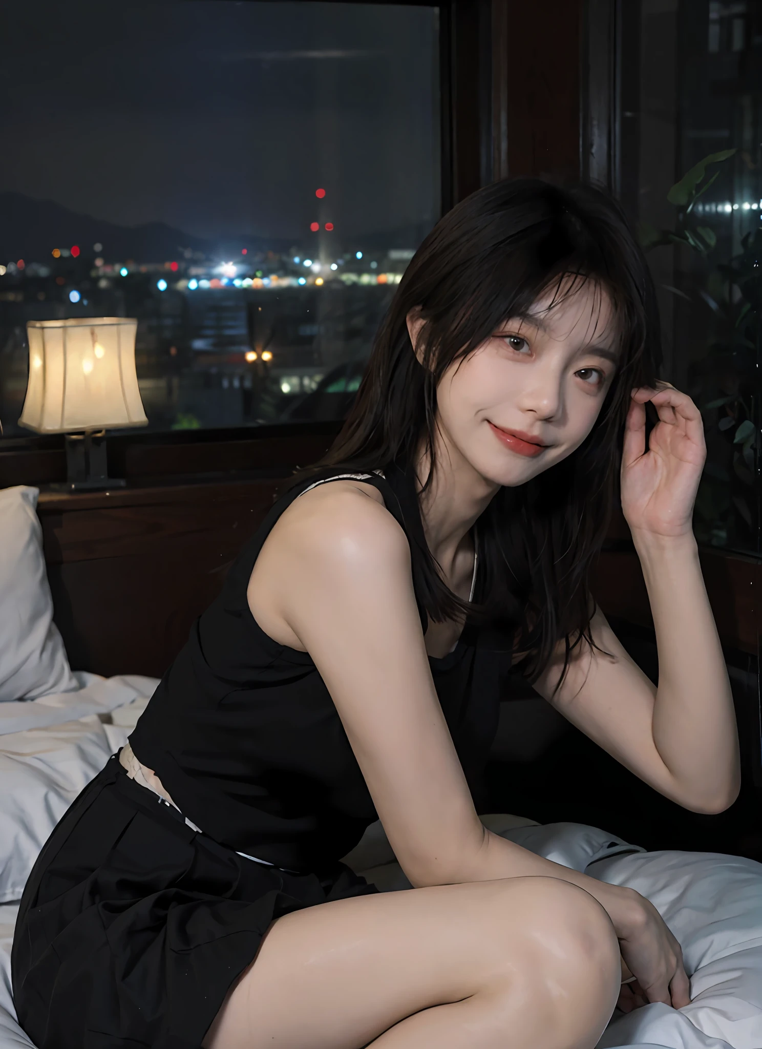 best qualtiy,tmasterpiece,超高分辨率,(realisticlying:1.4),1girll,Raised sexy,big round breasts,,cropped tank top,a skirt,beautiful eyes in detail,eyeslashes,beautiful double eyelid,eye shadows,dropping eyes,Cut off the eyes,thin beautiful thighs,beautiful thin legs,Perfect eye makeup,((seduct smile,Squeaky look,Evil expression)),High-rise hotel, Night view from the window, kneeling in a big bed,Brown hair,