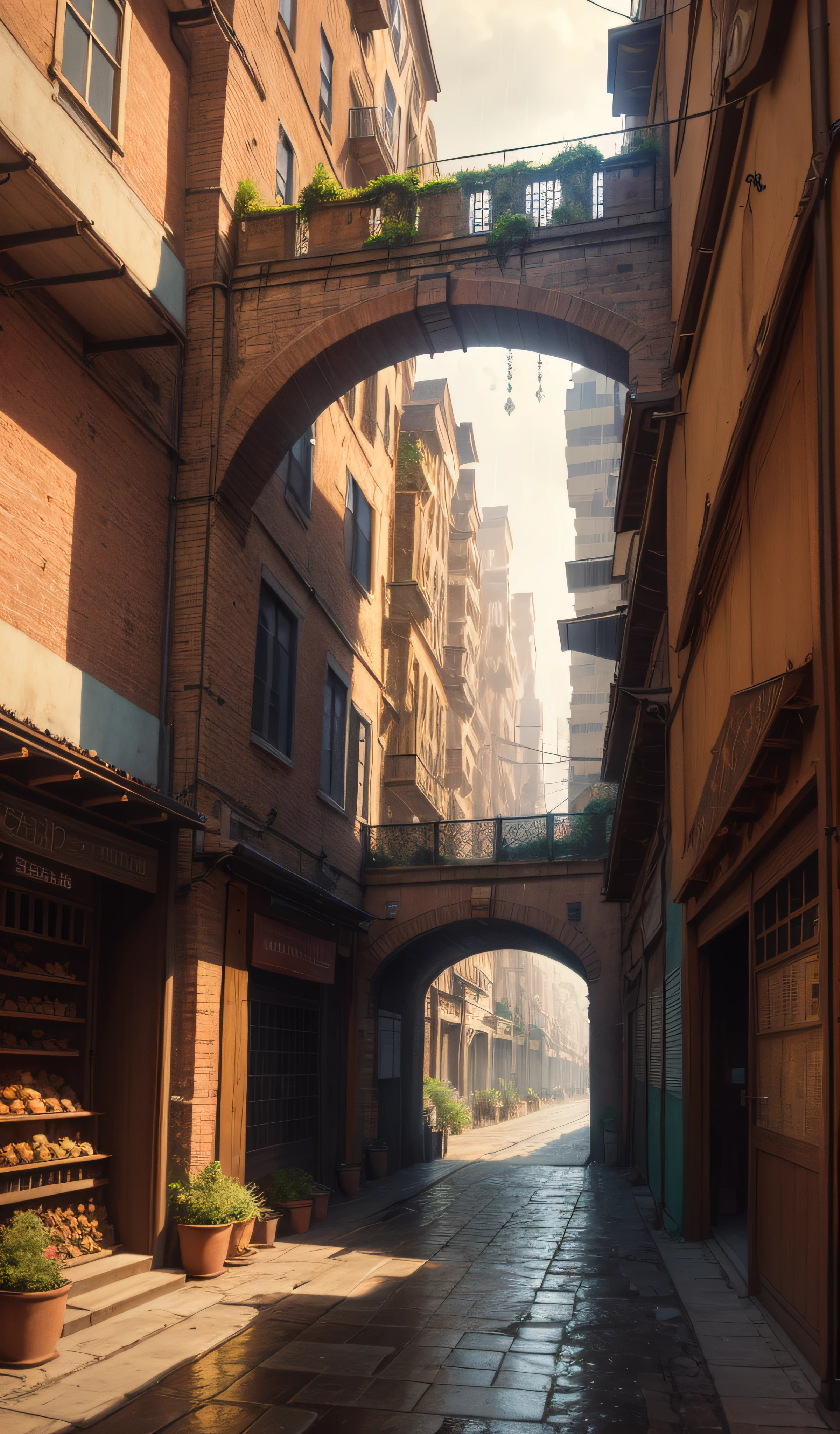 ((masterpiece)),((best quality)),((high detial)),((realistic,)) Industrial age city, deep canyons in the middle, architectural streets, bazaars, Bridges, rainy days, steampunk, European architecture