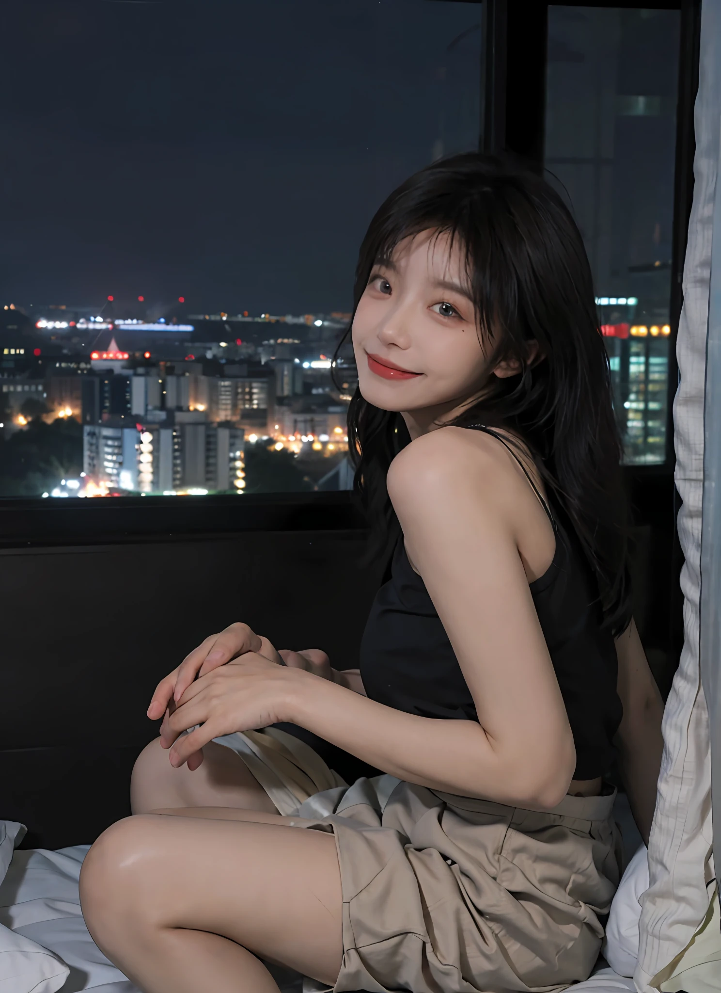 best qualtiy,tmasterpiece,超高分辨率,(realisticlying:1.4),1girll,Raised sexy,big round breasts,,cropped tank top,a skirt,beautiful eyes in detail,eyeslashes,beautiful double eyelid,eye shadows,dropping eyes,Cut off the eyes,thin beautiful thighs,beautiful thin legs,Perfect eye makeup,((seduct smile,Squeaky look,Evil expression)),High-rise hotel, Night view from the window, kneeling in a big bed,Brown hair,