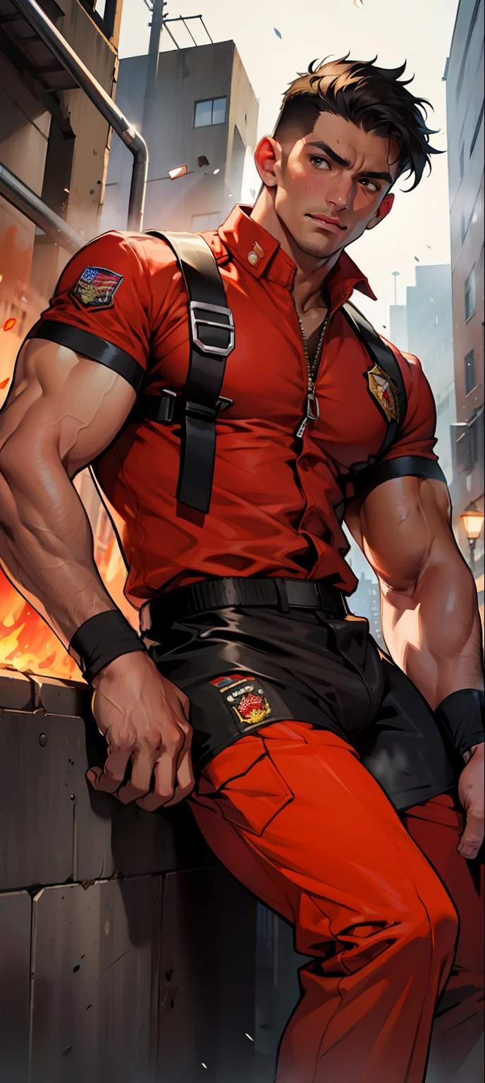 masterpiece, best quality, face, natural eyes, 1man, european, big feet, black socks, large bulge, long legs, looking at viewer, 30 years old, muscled and mature, short haircut, a fire fighter, a firefighter in uniform, fire fighter uniform, a firrfighter holding a fire nozzles, fire nozzles, water, raining noght, fire on the buildings, city night, revelling chest and abs, fire, open chest, naked, flush, organism, face covered with white fluids, sweating, tight cloth, erecting,