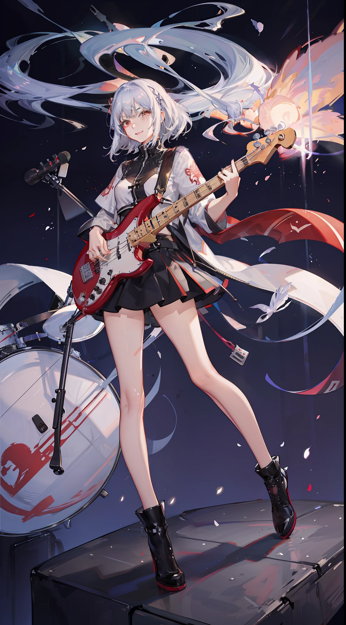 Girl in a dream。I have short silver hair。Wearing red clothes。It's a rock band。I'm playing bass。Music notes are flying around。It is an illustration of the highest quality